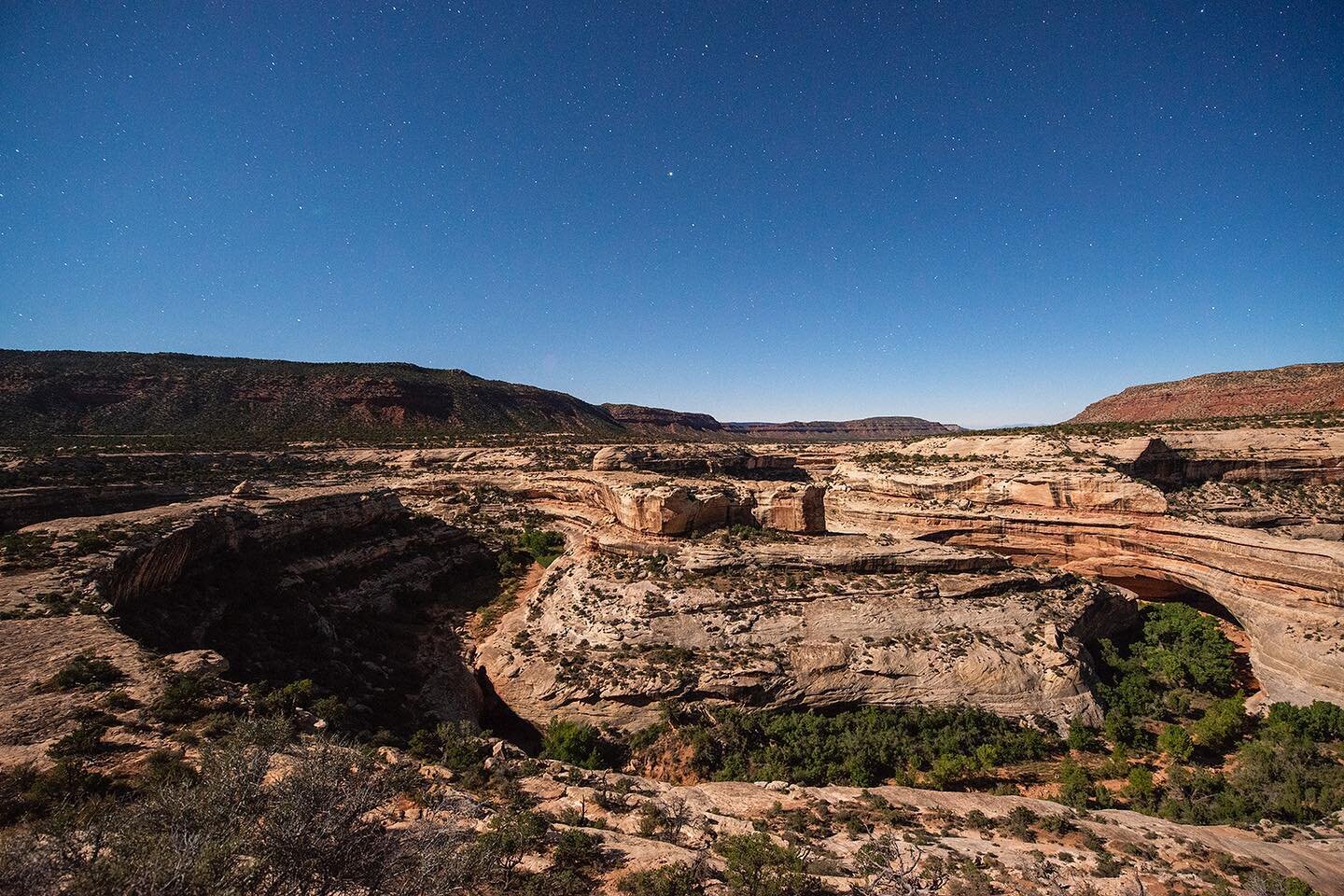 Natural Bridges Starry Night - The nearly full moon lights up the canyons and starry skies in Natural Bridges National Monument in Utah, USA on a quiet night in October. Natural Bridges is Utah&rsquo;s first National Monument. It is also a Dark Sky P