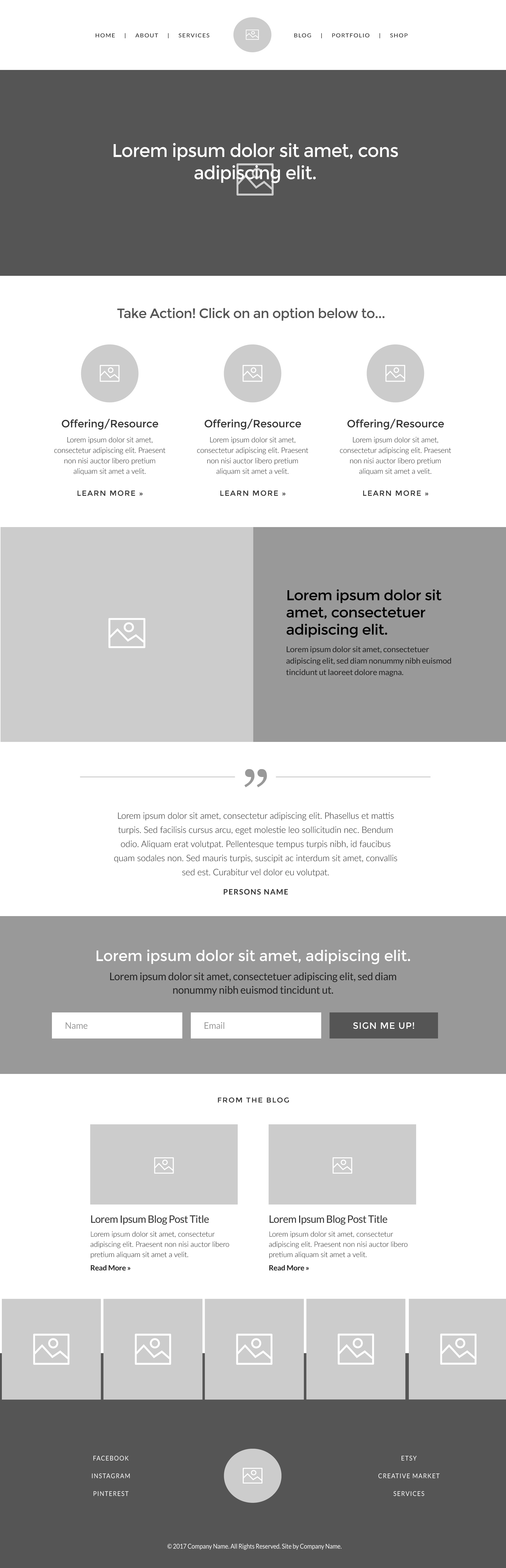 This is the website wireframe I created in Illustrator. The purpose of the wireframe is to get an idea of what the structure of the site will look like by breaking every element down into blocks. No added styling means that I can easily see what the best positions for the different sections would be. The wireframe also eases the process of creating the styled mockup of the homepage. This way, I know more or less what the final website will look like, making it easier to build.