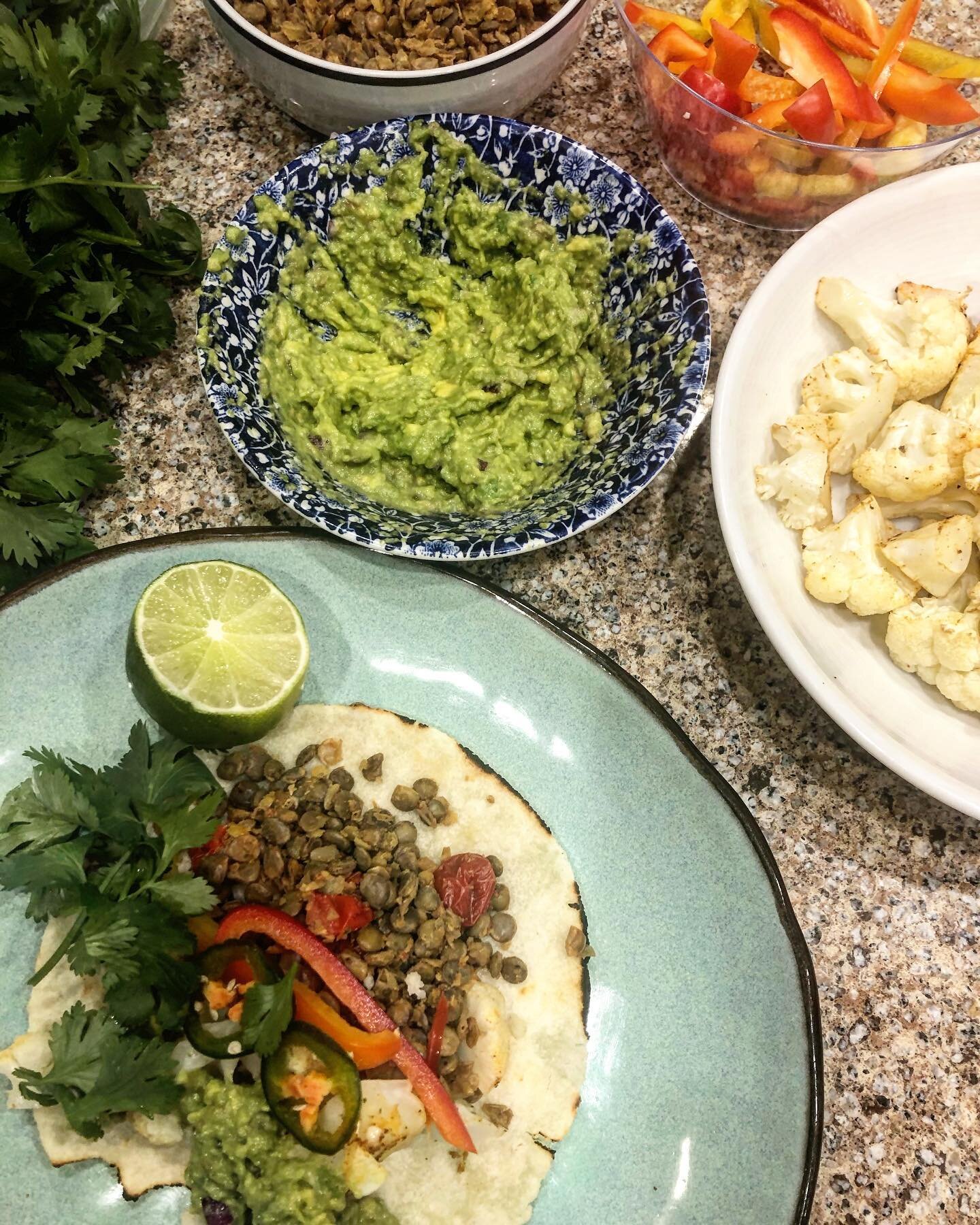 Repeating cauliflower lentil tacos cause oh so good! Minimal ingredients, limited cooking and all ingredients can stretch for another meal. Score! 🌮🌮

Cauliflower Lentil Tacos 
*2 cups cooked lentils, 1/2 cup cherry tomatoes, 1/4 tsp cumin, 1/4 pap