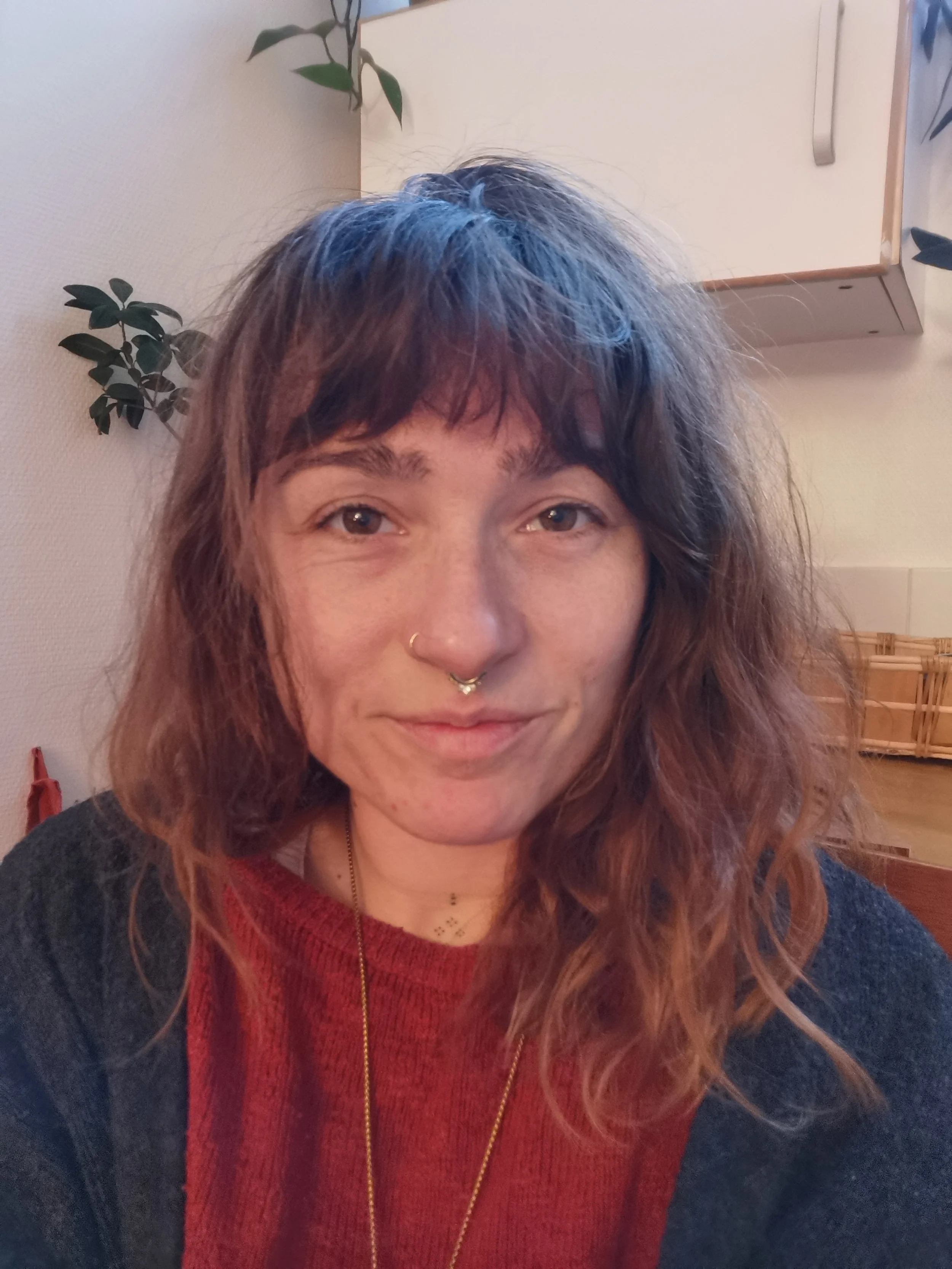 Image d'une femme brune aux cheveux ondulé, le regard brillant et souriante. Elle porte un pull rouge et un gilet gris. On voit des plantes derrière elle dans un espace qui semble être un bureaui