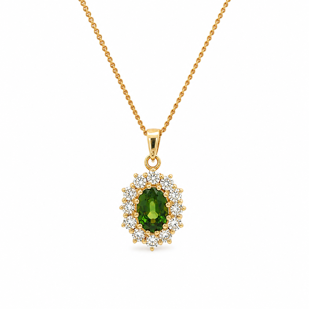 Green Sapphire and Diamond halo pendant