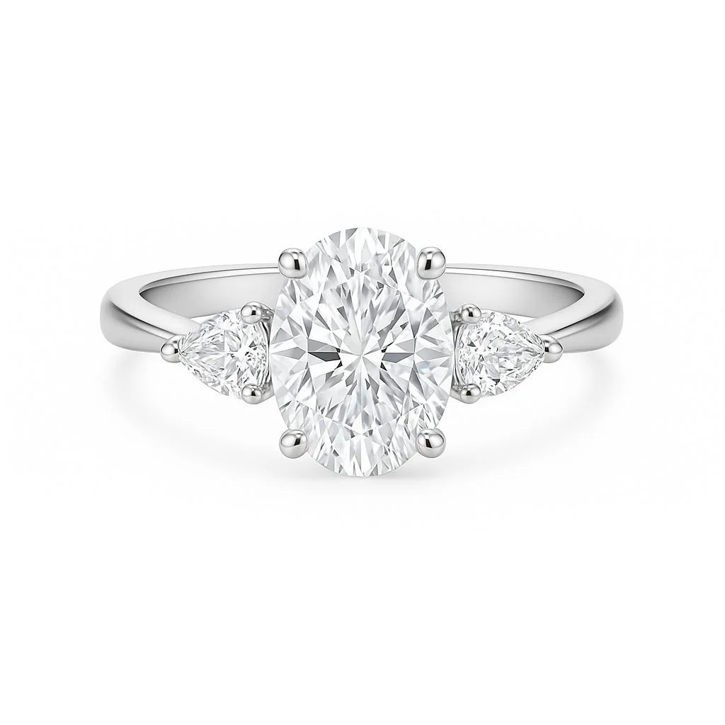 Oval Brilliant Cut Trilogy Ring with Pear Sides