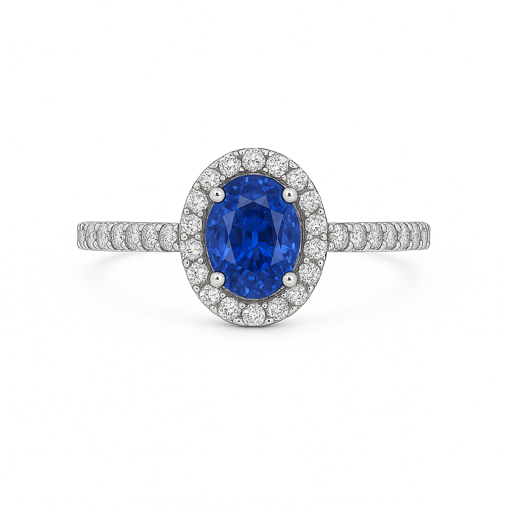 Natural Blue Oval Sapphire with Diamond Halo and Diamond shoulders