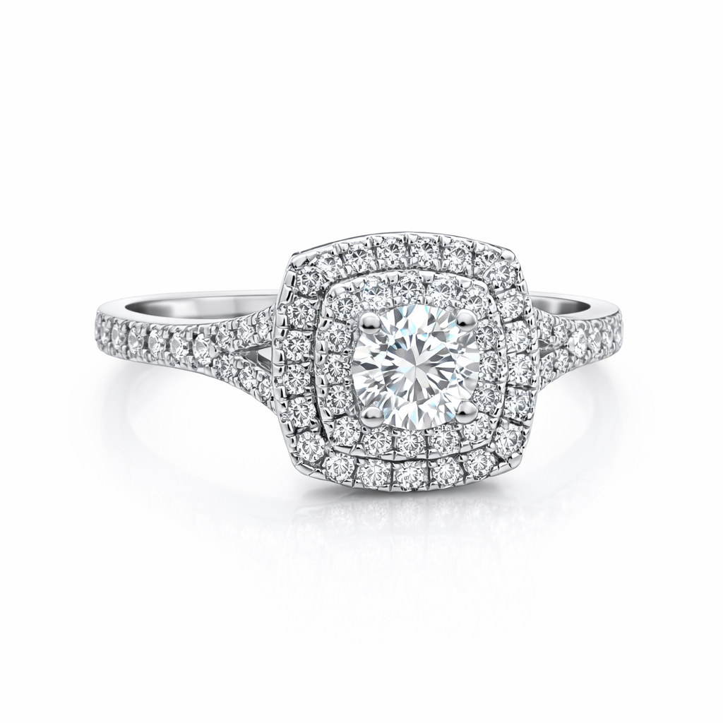 Round Brilliant Cut Diamond With Double halo & Split Shoulders