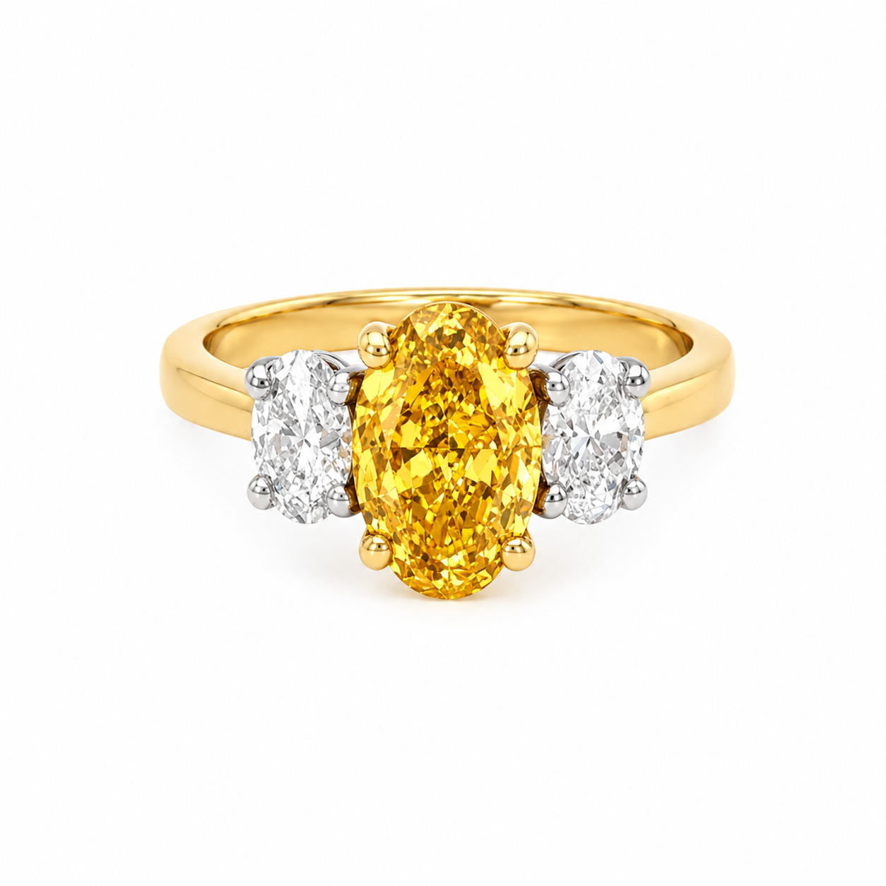 Fancy Deep Yellow Oval Diamond Three Stone Ring