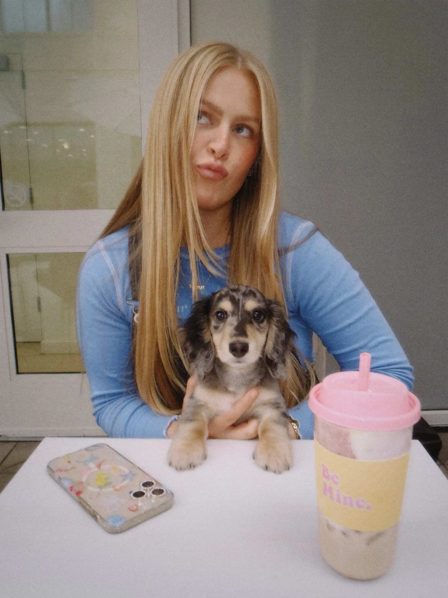 one almond milk latte &amp; a pup cup plz!