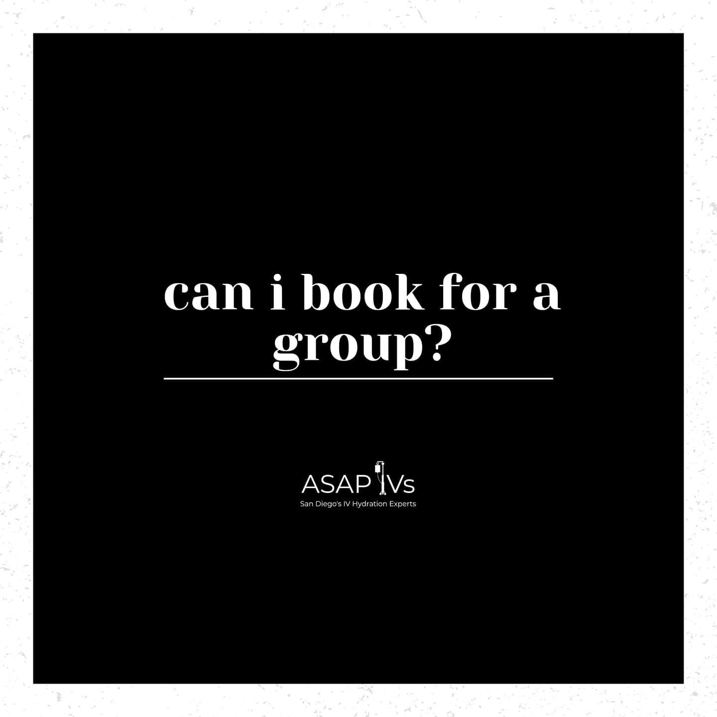 ✨ FAQ #9 - Can I book for a group? 

The answer is always YES! We love a good group IV session, whether it's 3 hungover friends on a Saturday morning or an entire bridal party post-festivities! 

➡️ Swipe to read more about booking with groups. Spoil