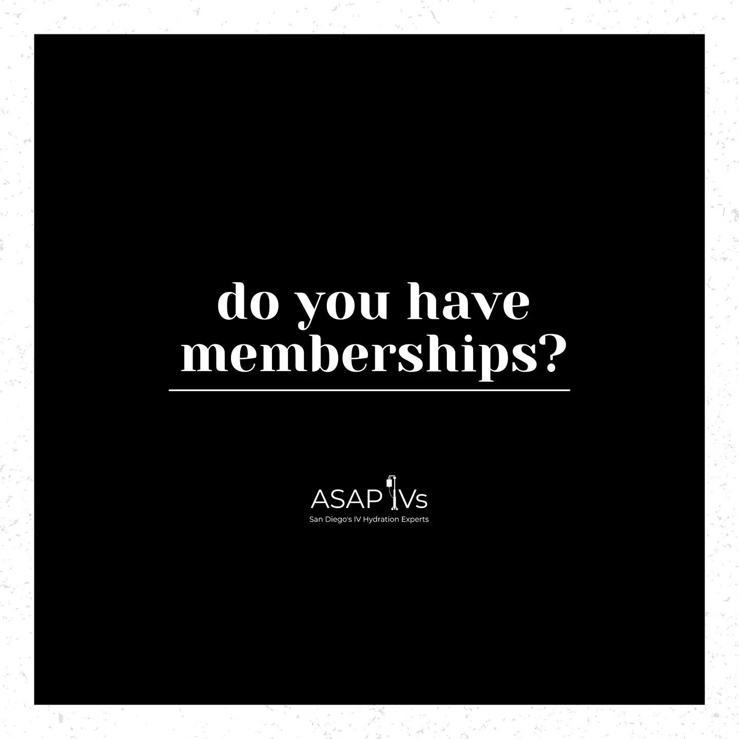✨ FAQ #10 - Do you offer memberships?

Attention ASAP IVs Fan Club: Memberships are here!!!

We had so many requests for memberships and are finally making your dreams come true!

ASAP Memberships and Packages have arrived in style. 😎 

Clinic and M