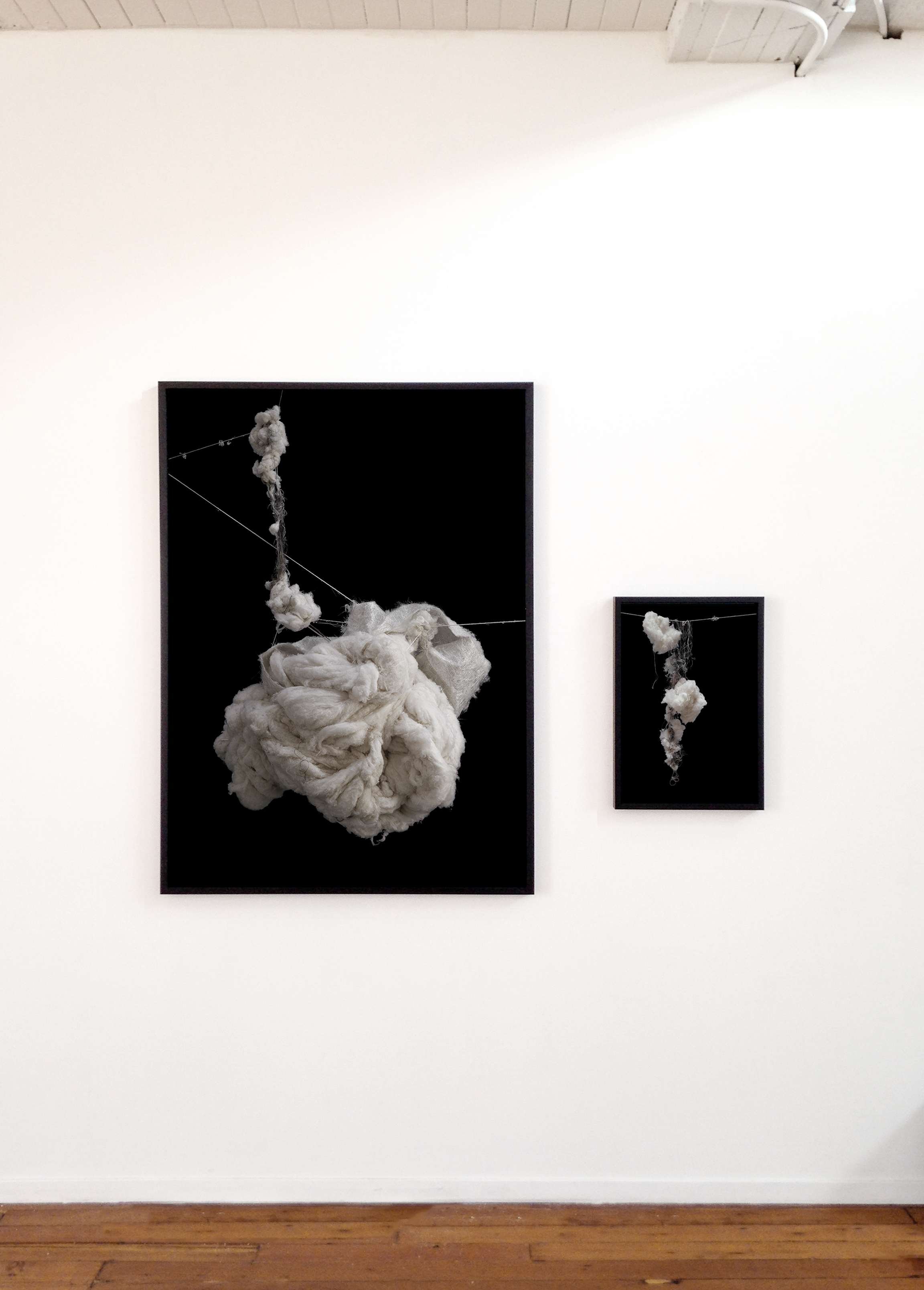    In the Space Between , Swarm Gallery, Oakland CA   Jennifer Brandon’s photographic images consist of ephemeral forms she’s created with materials associated with protection and comfort: cushions, batting, fabrics and threads that connect them. The