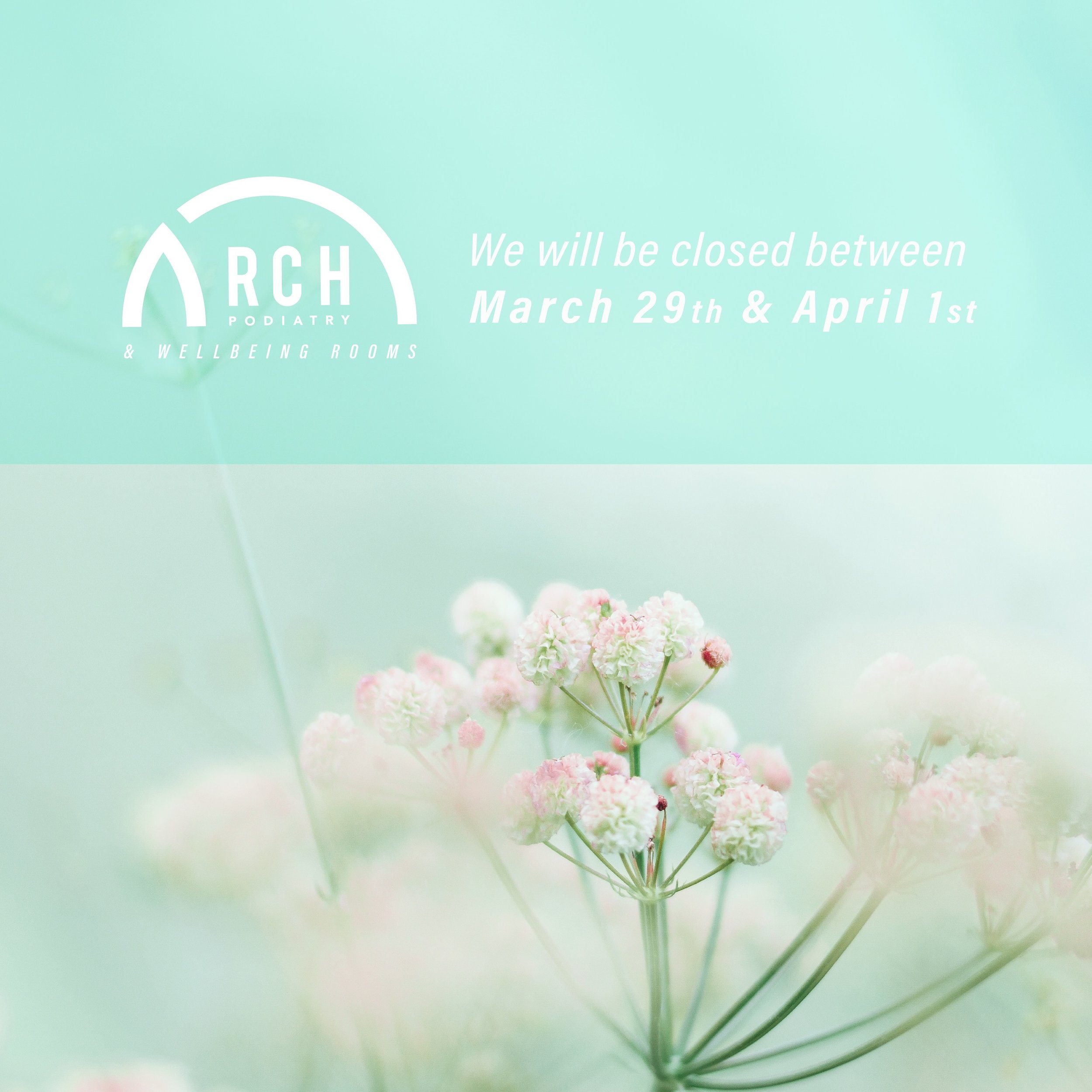 We will be closed over the Easter weekend! ✨🥚
.
We are open tomorrow (Thursday) but will then be back open on Tuesday 2nd of April! ✨ 
.
Happy Easter to all our clients 🐣
.
.
☎️ 01273 567881
🌎www.archpodiatry.co.uk
📧 info@archpodiatry.co.uk 
.
.

