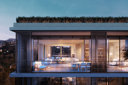 External rendering of West Hollywood Edtion Residences at dusk, with a view into interior rooms.