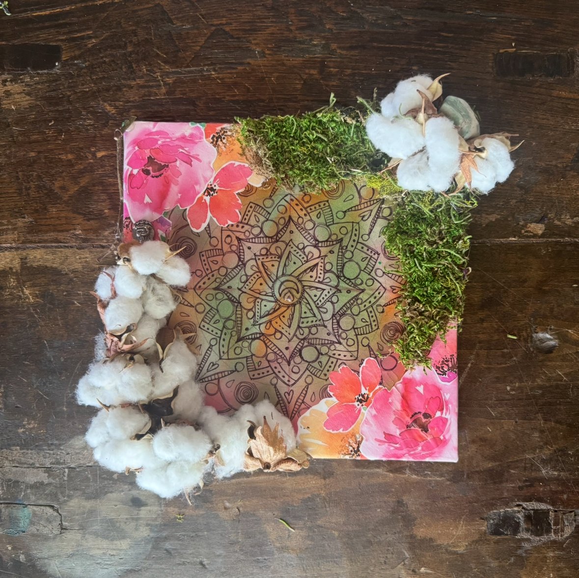 Summer  Mandala with Cotton, Moss & Crystals