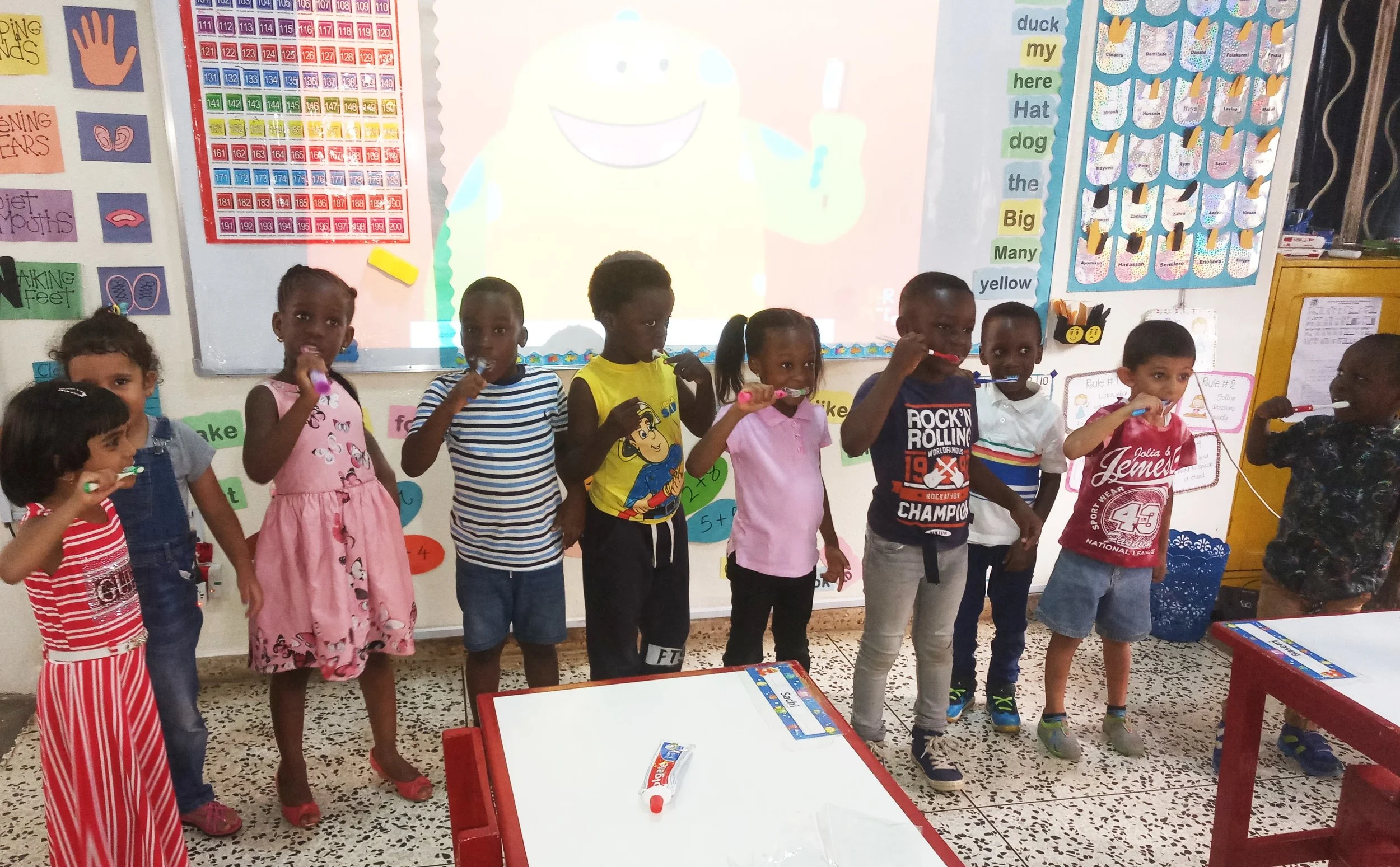 Pre-Kg kiddos learning the importance of dental hygiene.