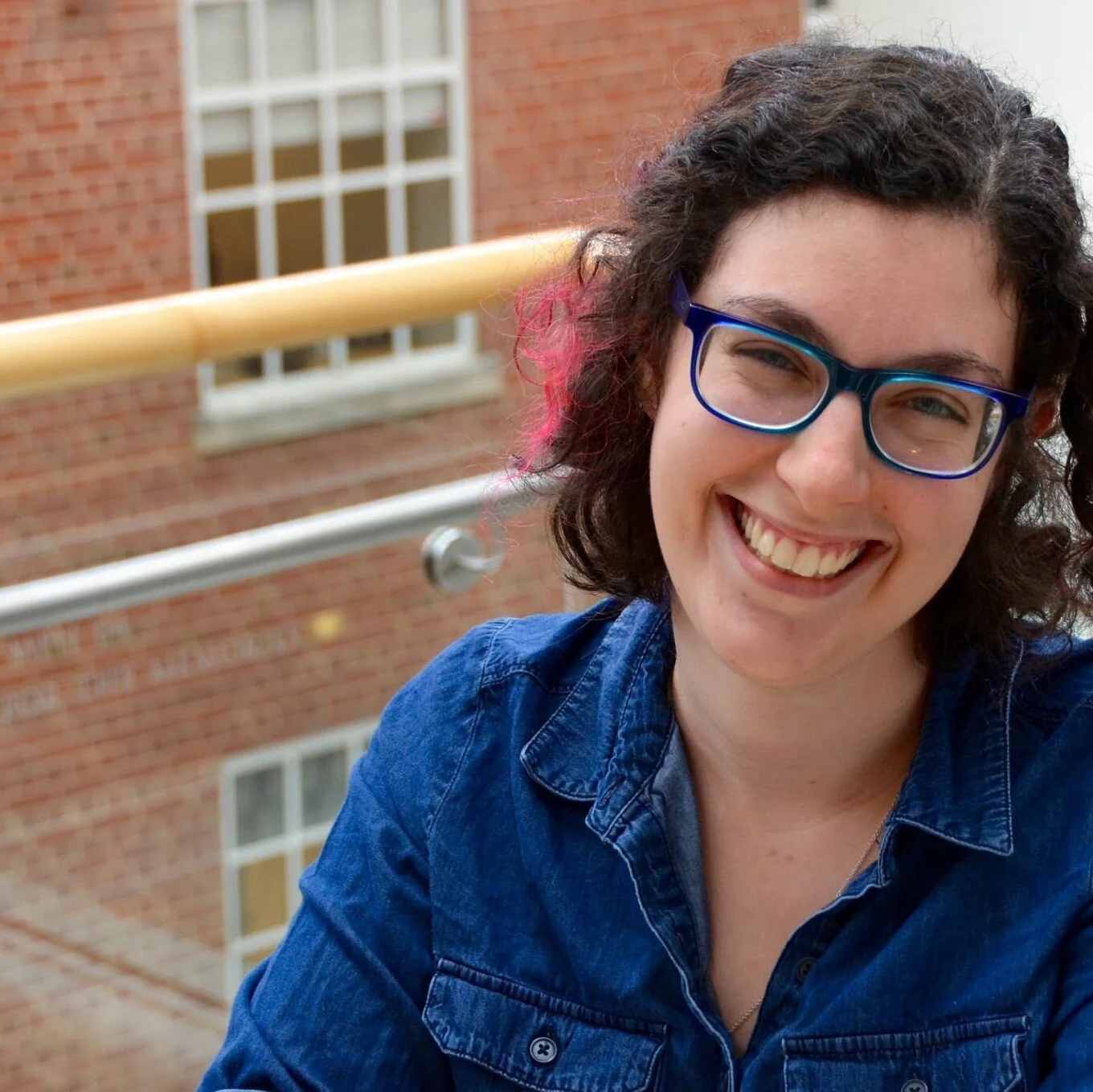 Anna Dardick, a white person with curly brown hair that has a splash of pink in it, smiles at you. They are wearing glasses and a denim shirt.