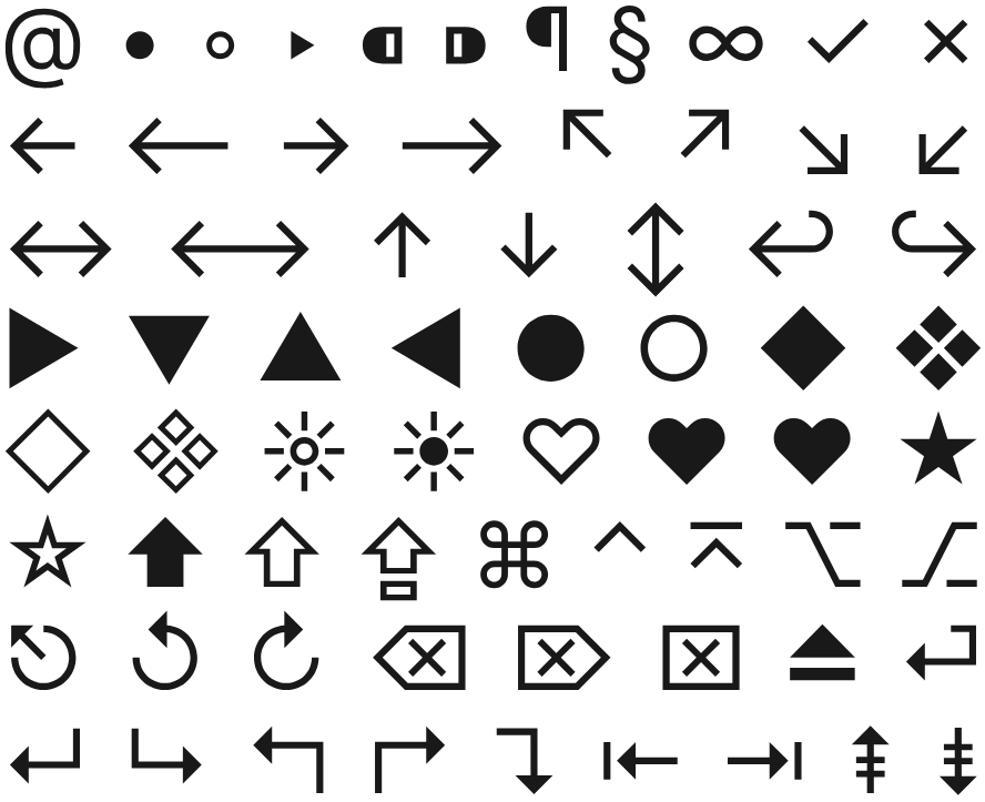 A collection of various black and white symbols and icons including arrows, shapes, hearts, stars, and decorative elements.