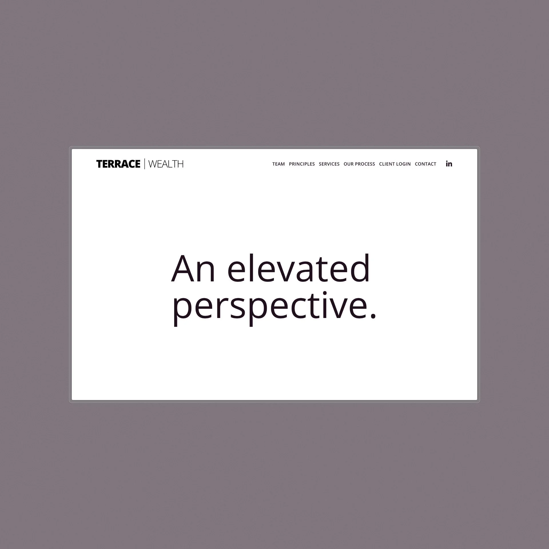 A website with the text 'An elevated perspective.' displayed prominently on a white background, with a navigation menu at the top including links such as Team, Principles, Services, Our Process, Client Login, Contact, and the logo 'TERRACE WEALTH'.