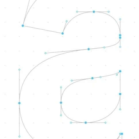 Diagram of curved lines with blue control points and handles on a white background.