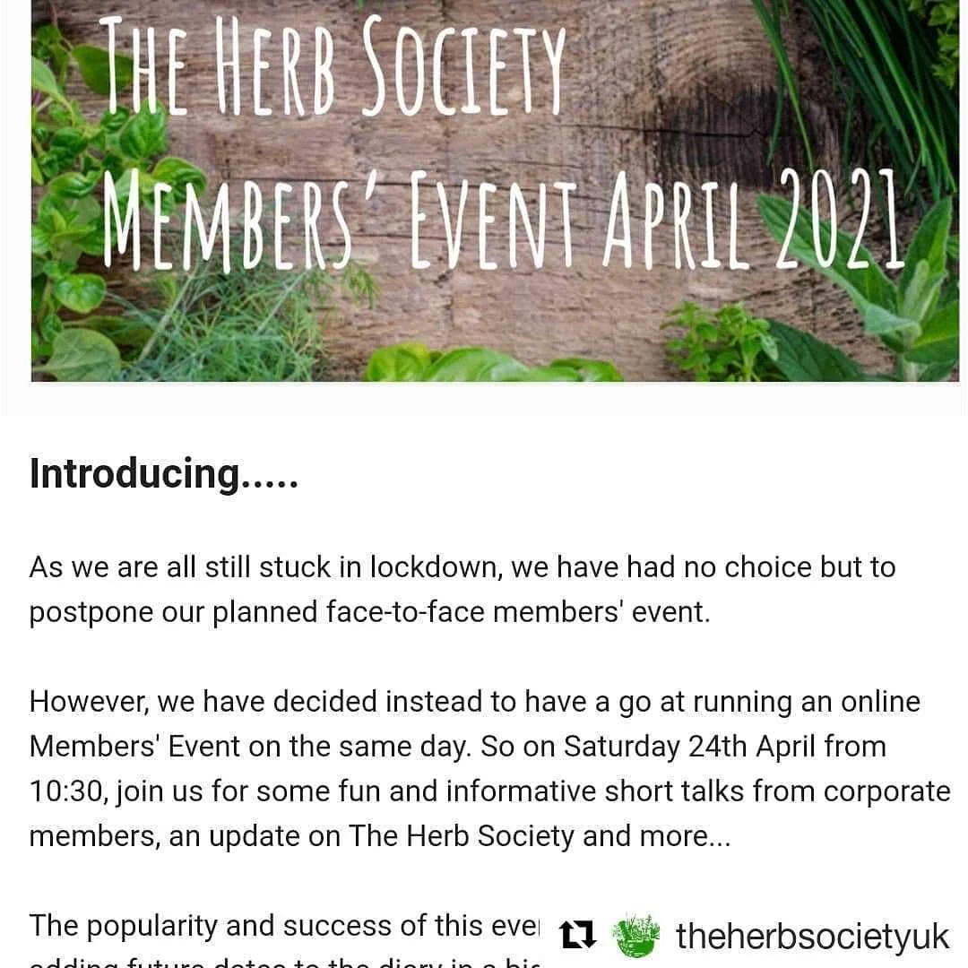 #Repost @theherbsocietyuk
・・・
Bookings are coming in fast for the members event on 24th April.

It's on-line and free, for members, with an early bird booking, the first 50 recieve a goody bag with contents supplied by our supporters.

The guest spea