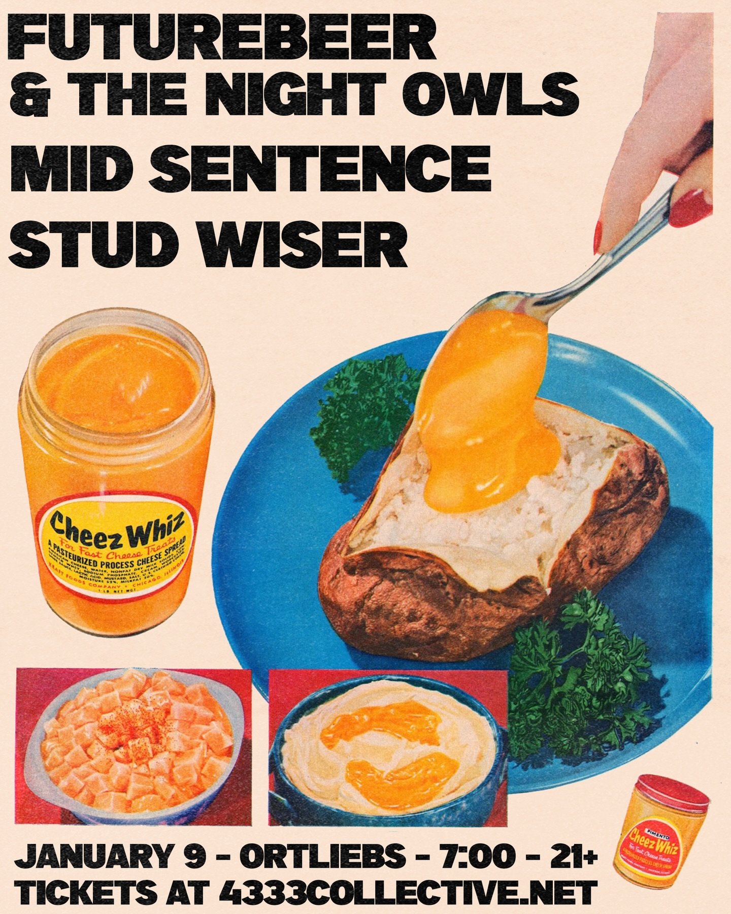 Kicking off the new year with @futurebeerandthenightowls, @midsentenceband, and @stud.wiser January 9 at Ortlieb&rsquo;s 🌭 🍺 

Get tix in the bio, see you at the gig

Flyer by @hamms_union_made_beer