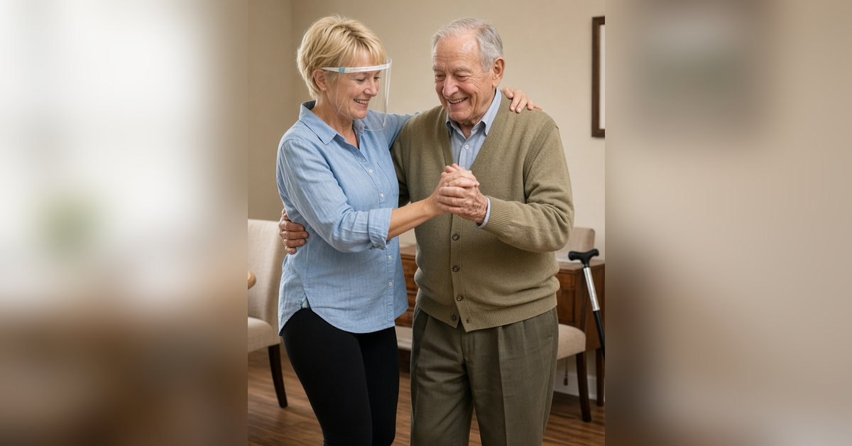 Dancing with a resident in a Vivant home living room