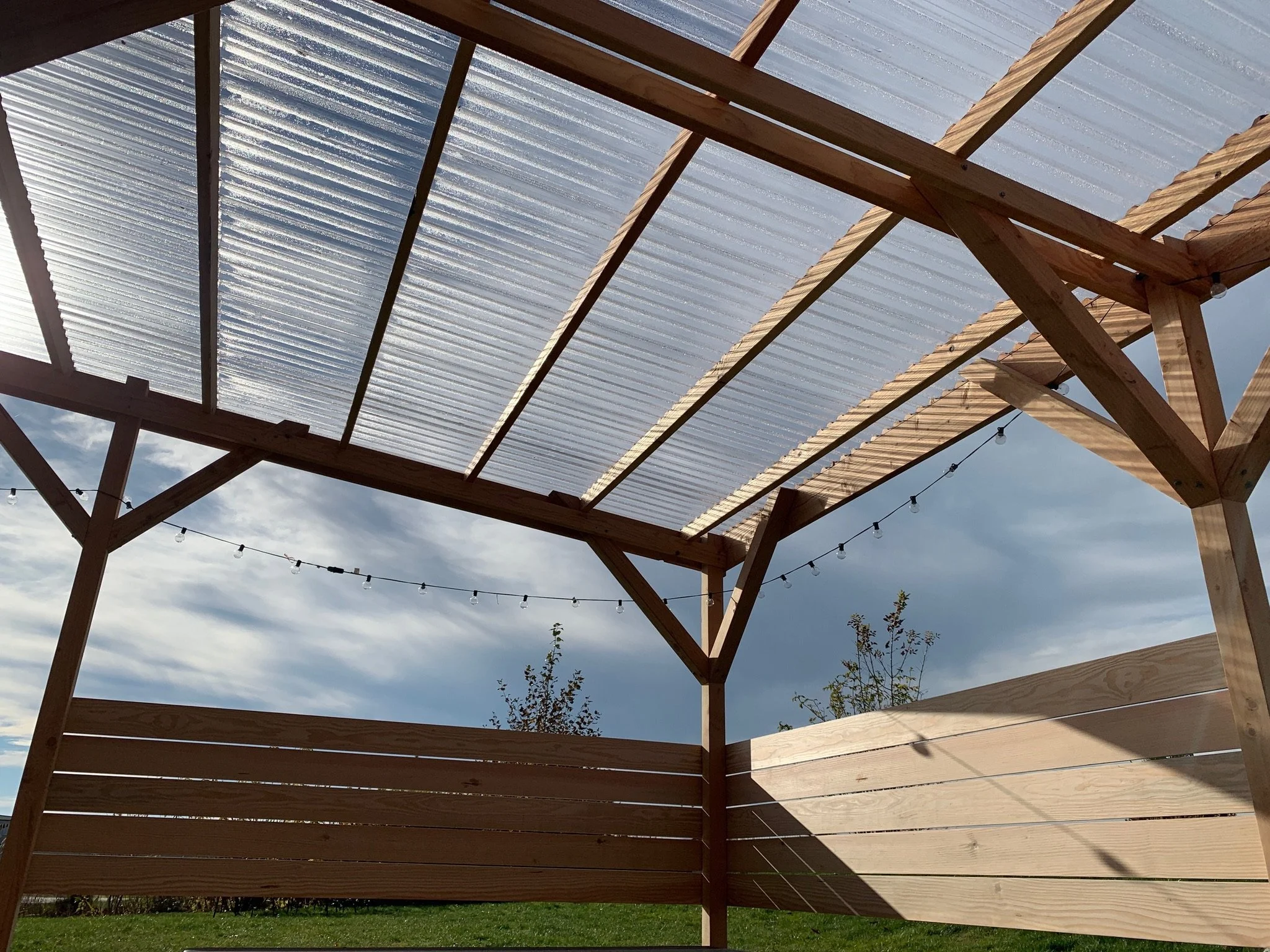 View looking up at a wood pergola with clear corrugated roof panels and string lights, above a horizontal slat privacy fence.