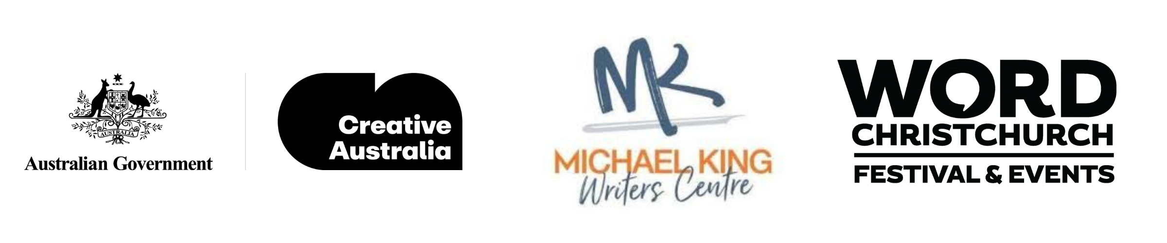 Logos for Creative Australia, Michael King Writers Centre and WORD Christchurch Festival