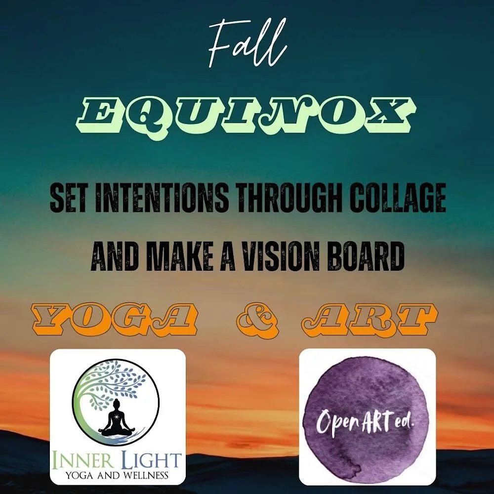 🍂We will be hosting a fall Equinox art and yoga session at inner light yoga on Sunday Sept 22nd from 1-4pm. You will feel grounded with some gentle yoga and breath work with studio owner, Susan. Then, you will be guided in a fun and educational coll