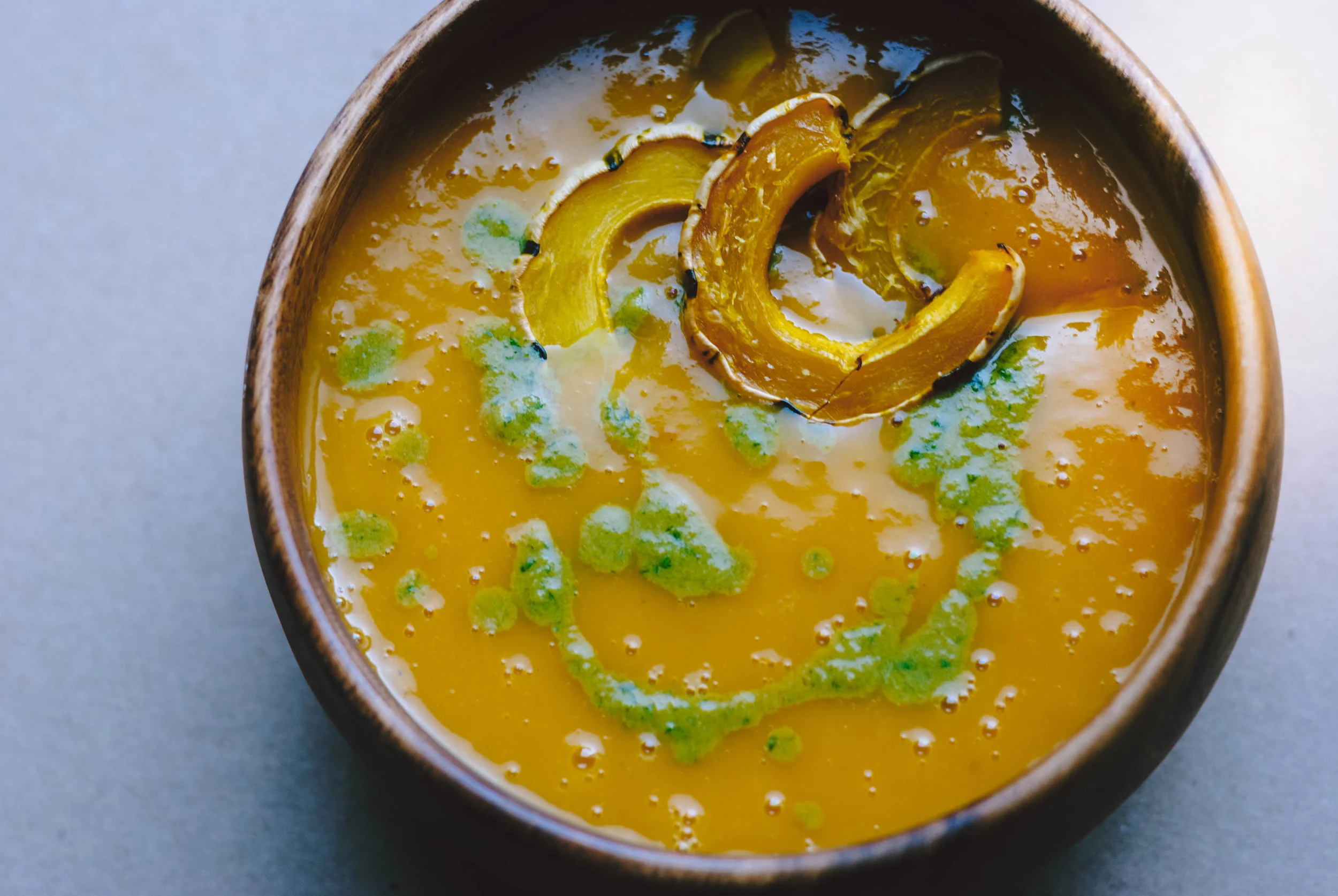 Butternut Squash Soup with Green Curry and Roasted Delicata 