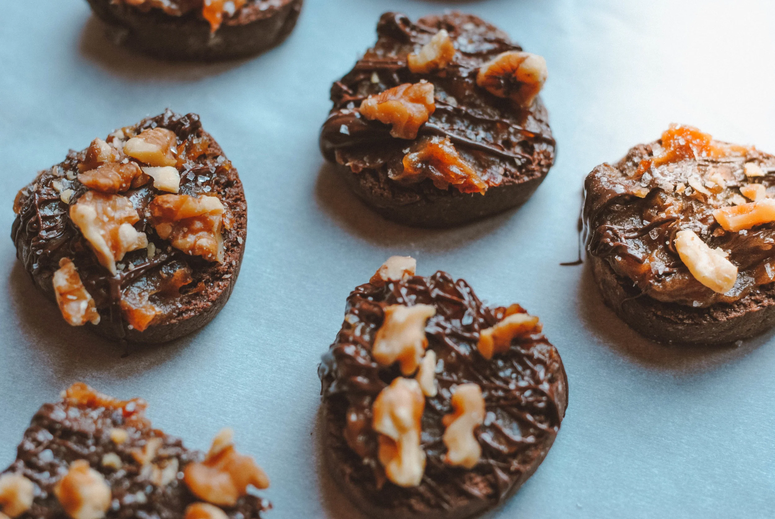 Chocolate Shortbread Cookies with Date Caramel + Walnuts 