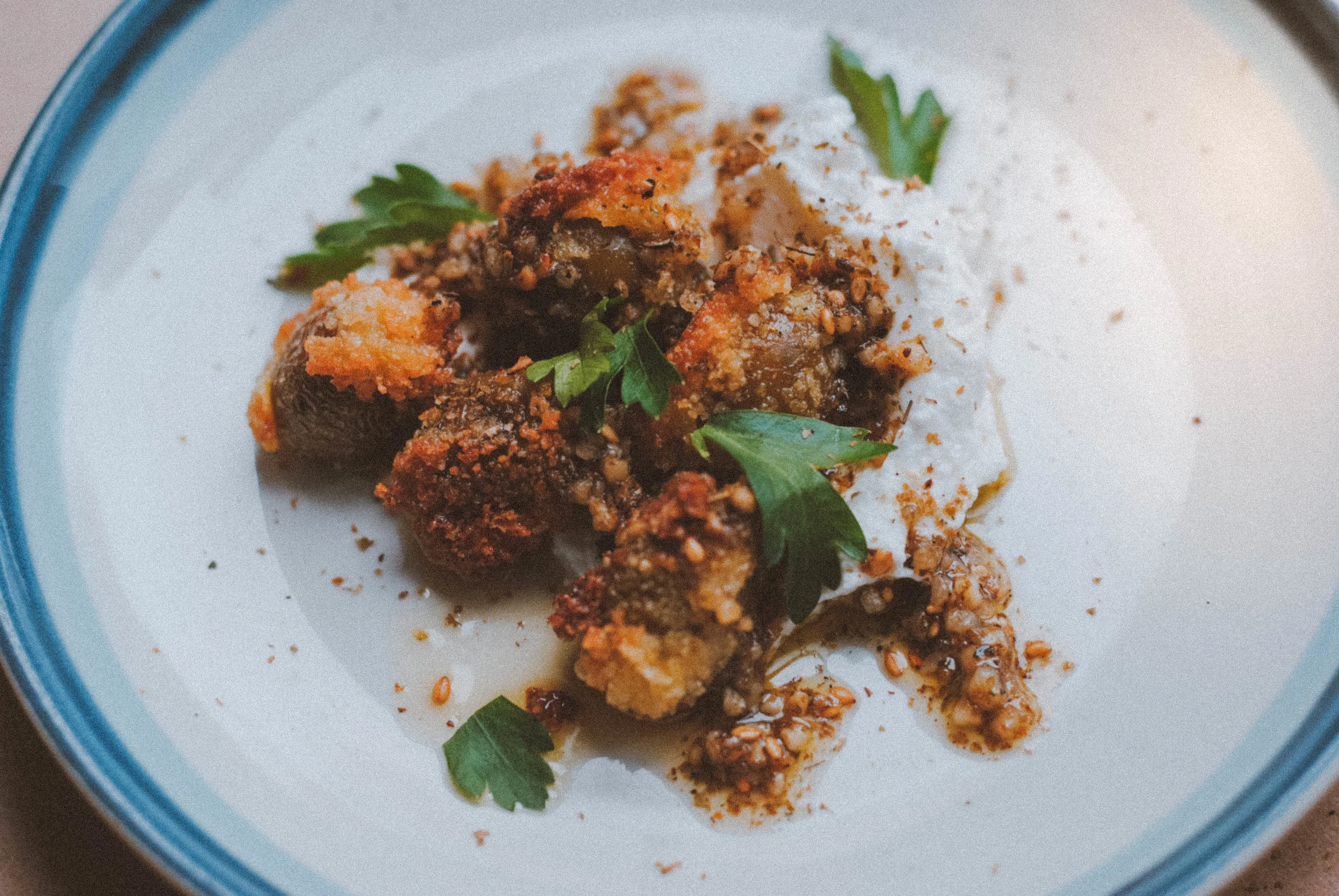 Fried Olives with Yogurt + Za'atar Oil 