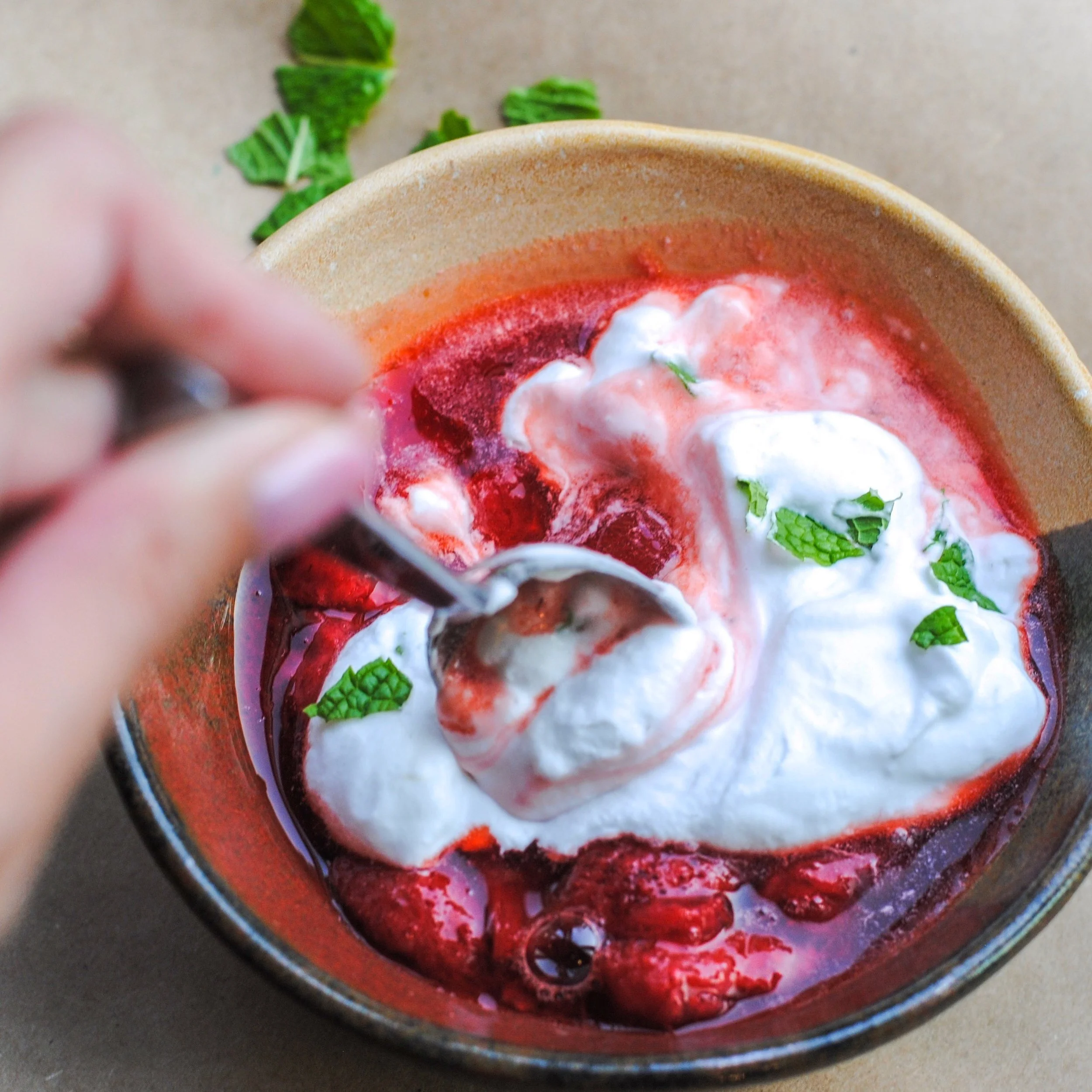 Strawberry Rosewater Compote with Coconut Whipped Cream + Mint 