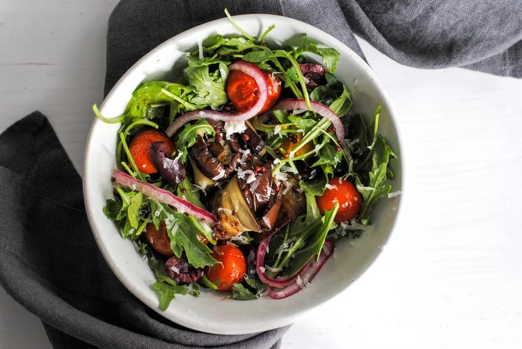 Eggplant + Roasted Tomato Salad with Lemon Basil Vinaigrette 