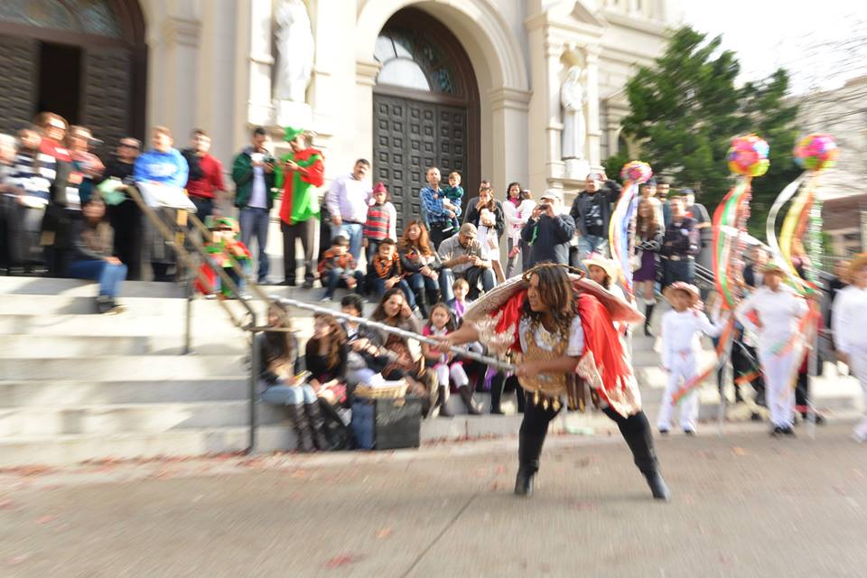  The ensemble of actors and dancers perform the epic finale of “La Pastorela de Sacramento,” a moving street theatre production that staged scenes in front of the Convention Center, IMAX theatre, a Law Office, and culminated on the steps of the Cathe