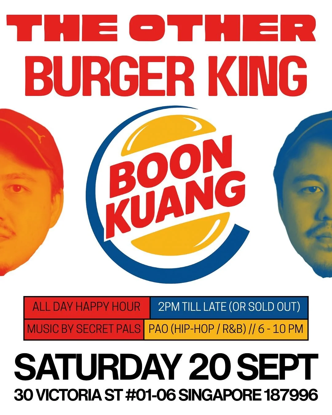 Rumour has it, Boon Kuang (BK) @imouttapics is the real burger king.

For one day only, the man himself is behind the grill with a burger menu he&rsquo;s been perfecting.

🍔 From 2pm, burgers drop.
🎧 From 6&ndash;10pm, Pao (@secret.pals) Hip Hop &a