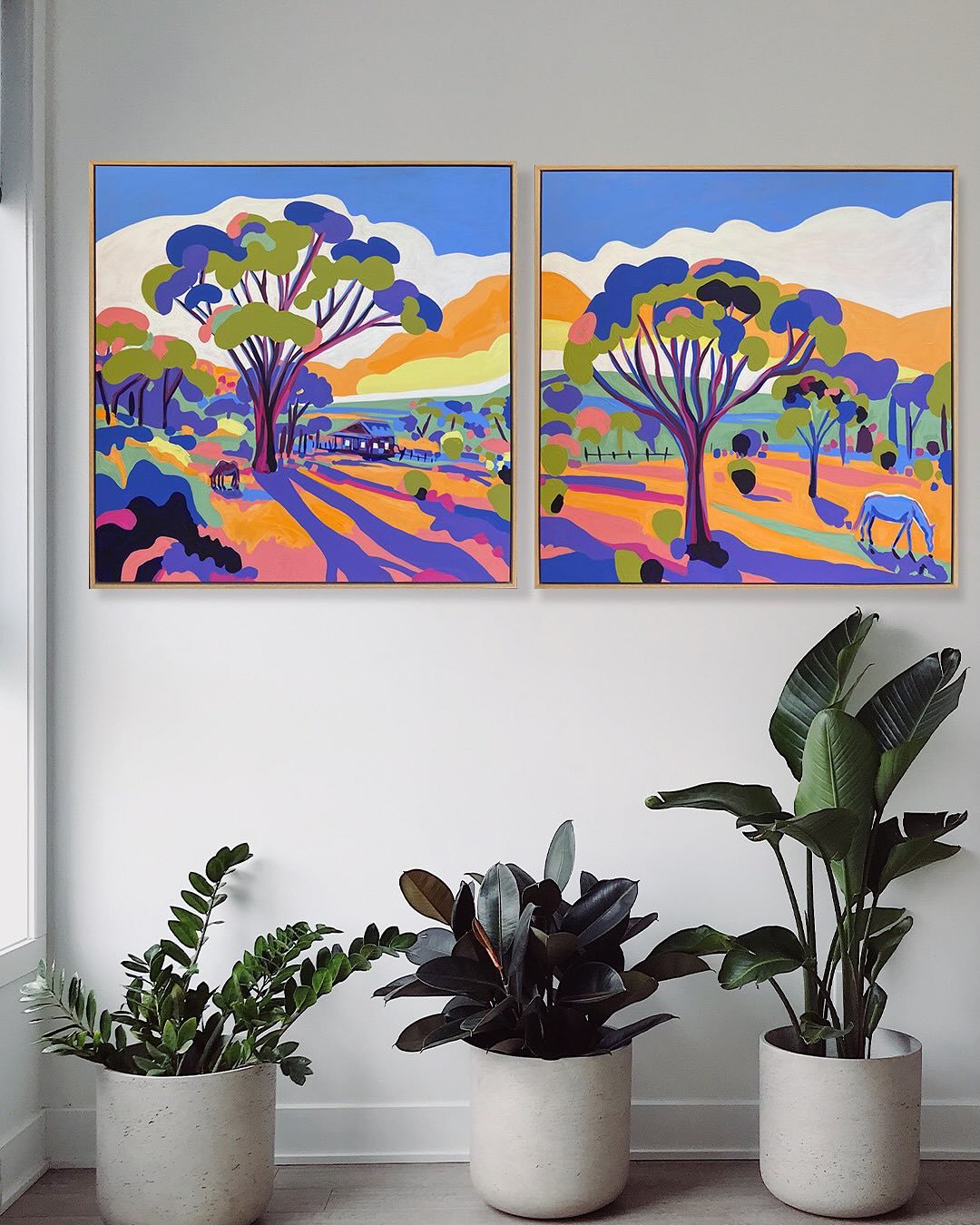 &lsquo;Under A Painted Sky 1 &amp; 2&rsquo; (both 86cm x 86cm acrylic on canvas) Framed in oak by the wonderful @upinframessa - but as a pair or separately 👏🏻 
Now available online and instore at @iconiko ( check the link in stories) If you are wan