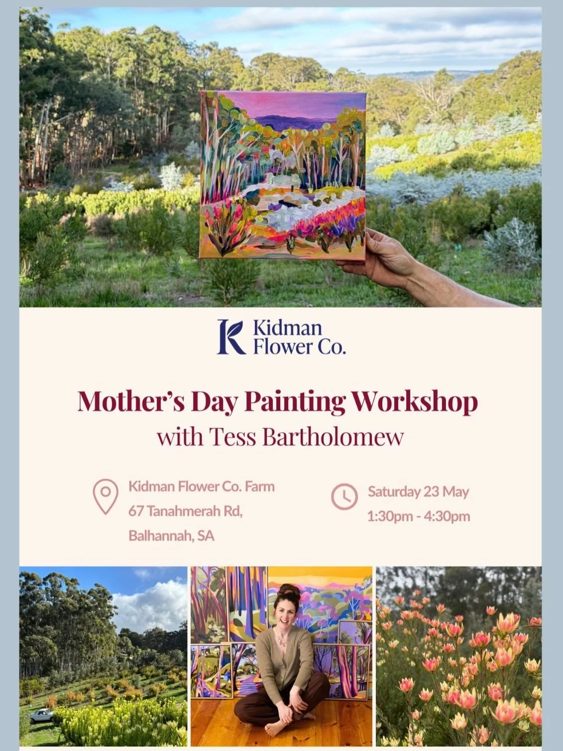 🌸only a few spots left for our Mother&rsquo;s Day Landscape Painting workshop 🌸

Join me (Tess) for a special afternoon of landscape painting at the Kidman Flower Co. farm.

📍Kidman Flower Co. Farm, Balhannah
📆 Saturday 23 May 
🕐 1:30 - 4:30pm 
