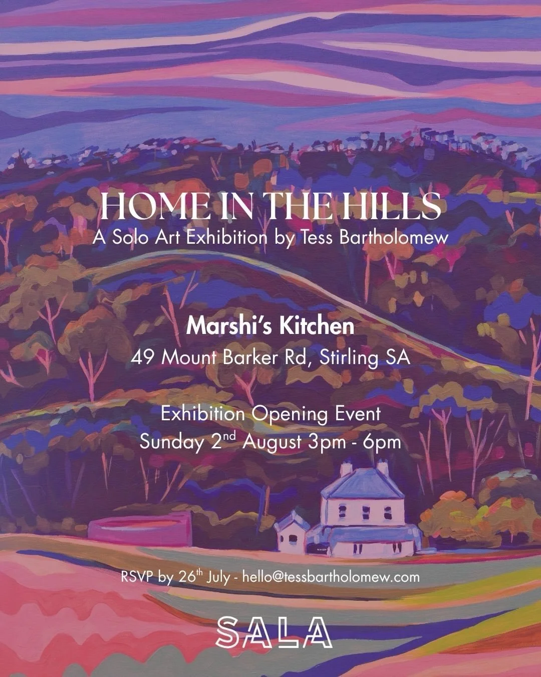 &lsquo;Home In The Hills&rsquo; - A Solo Art exhibition by me (Tess Bartholomew) part of @salafestival 
very very excited about this and have been working away on many amazing pieces that will be in this show! 👏🏻 thank you @marshis_kitchen for allo