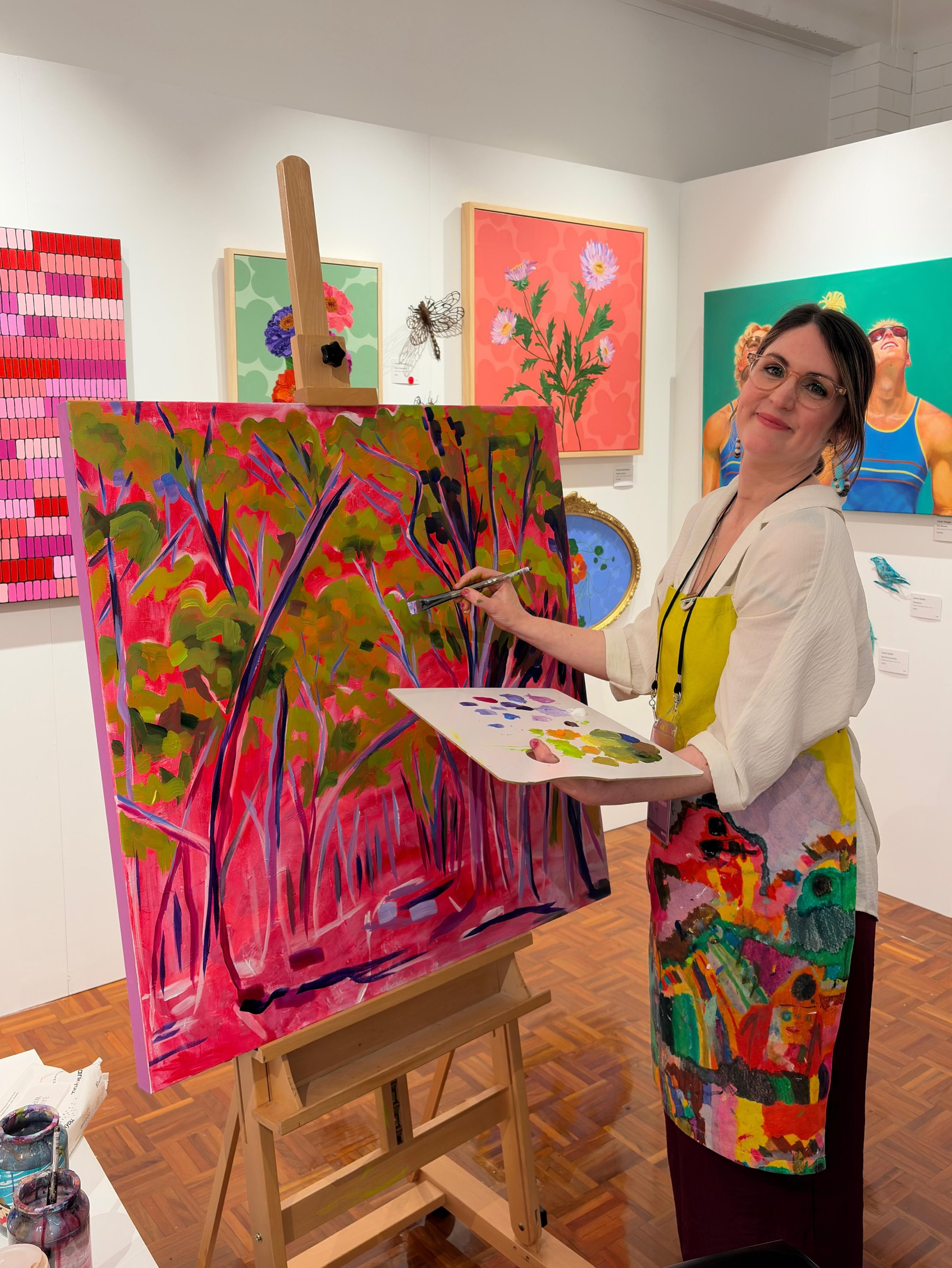 Well this was soo much fun! 🤩 Live painting today at @loretospringart in my colourful corner. This painting is of a well known track in the beautiful Belair National Park.
There&rsquo;s still time to check out this amazing show. It will be on for on