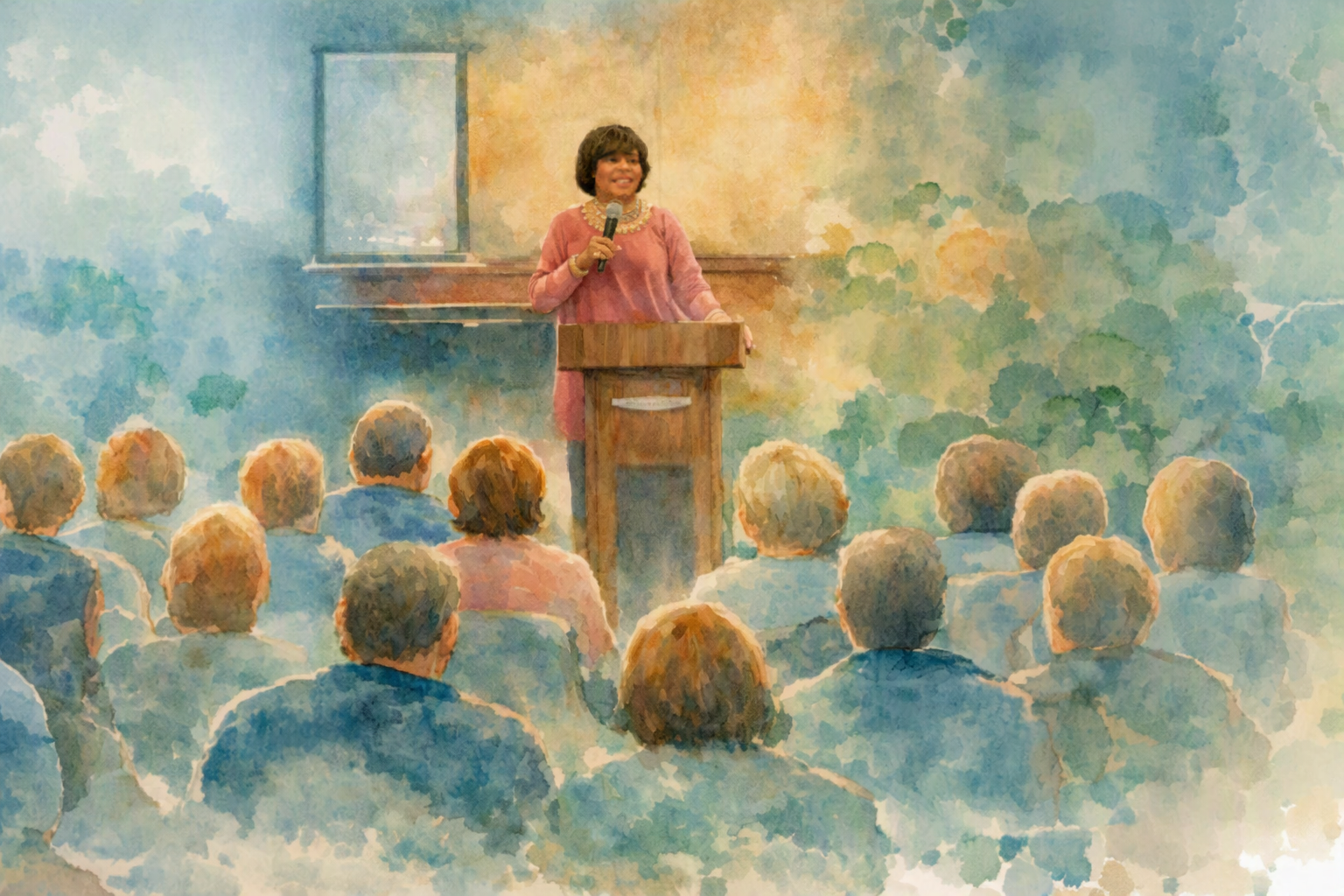 A woman in a pink dress stands at a podium speaking to an audience in a room with a colorful, watercolor-style background.