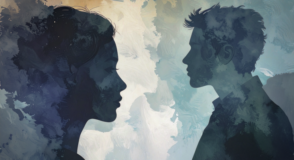Silhouettes of a woman and a man facing each other against an abstract background.