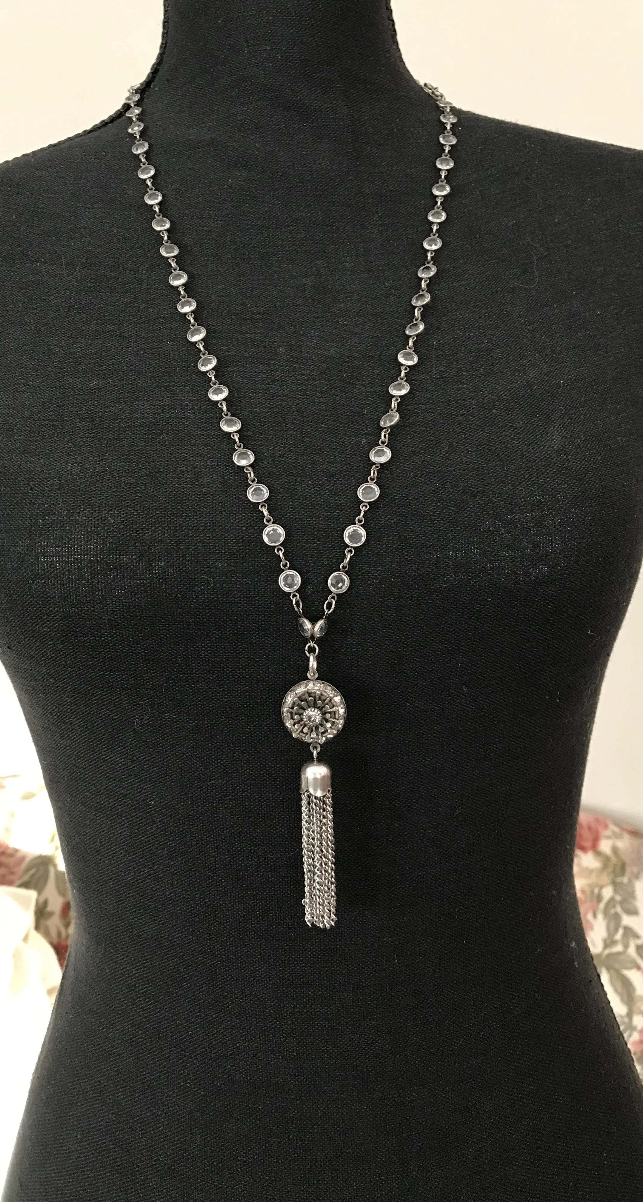 Rhinestone tassel and crystal chain necklace