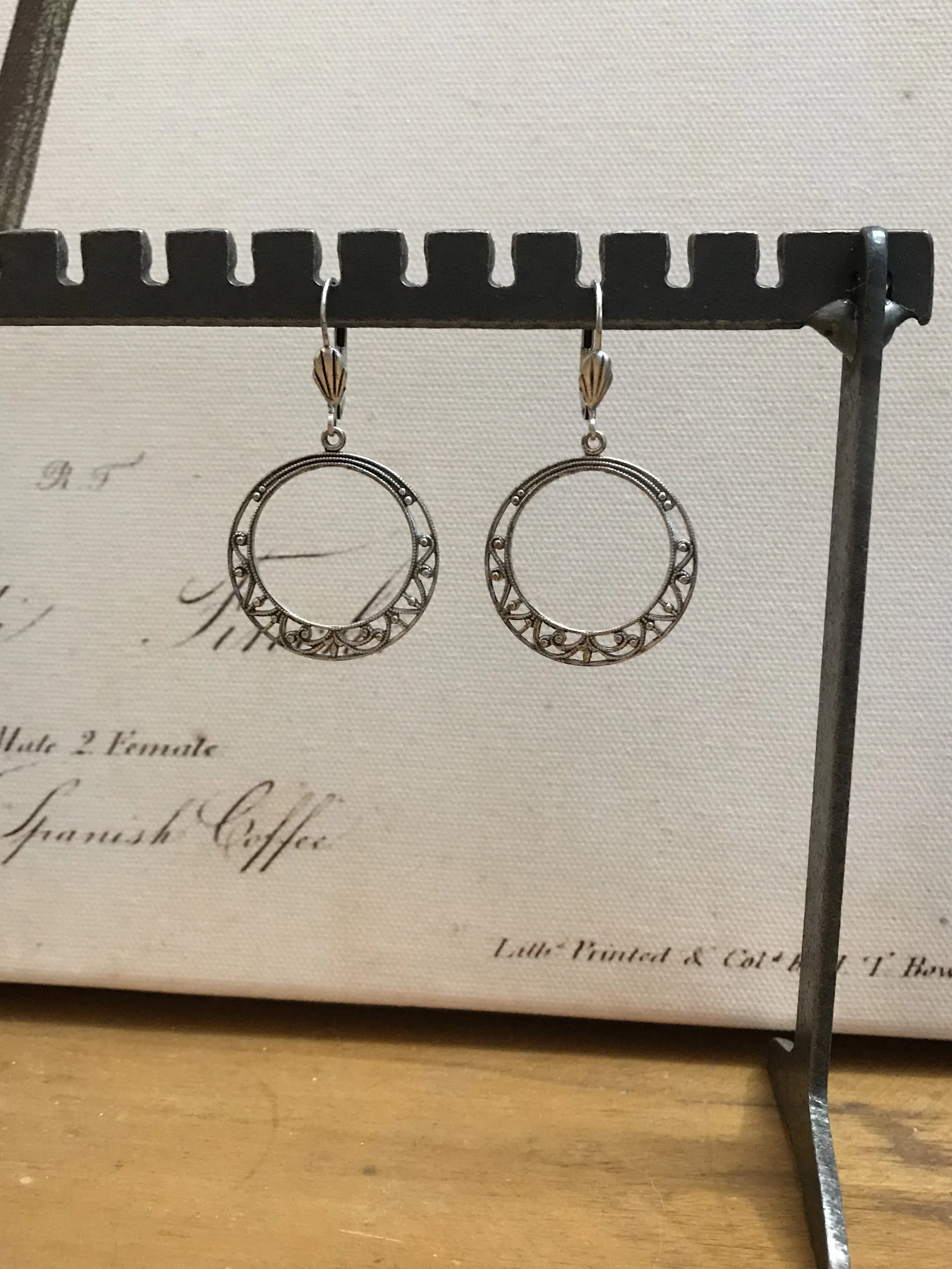 Antiqued silver filigree hoop earrings