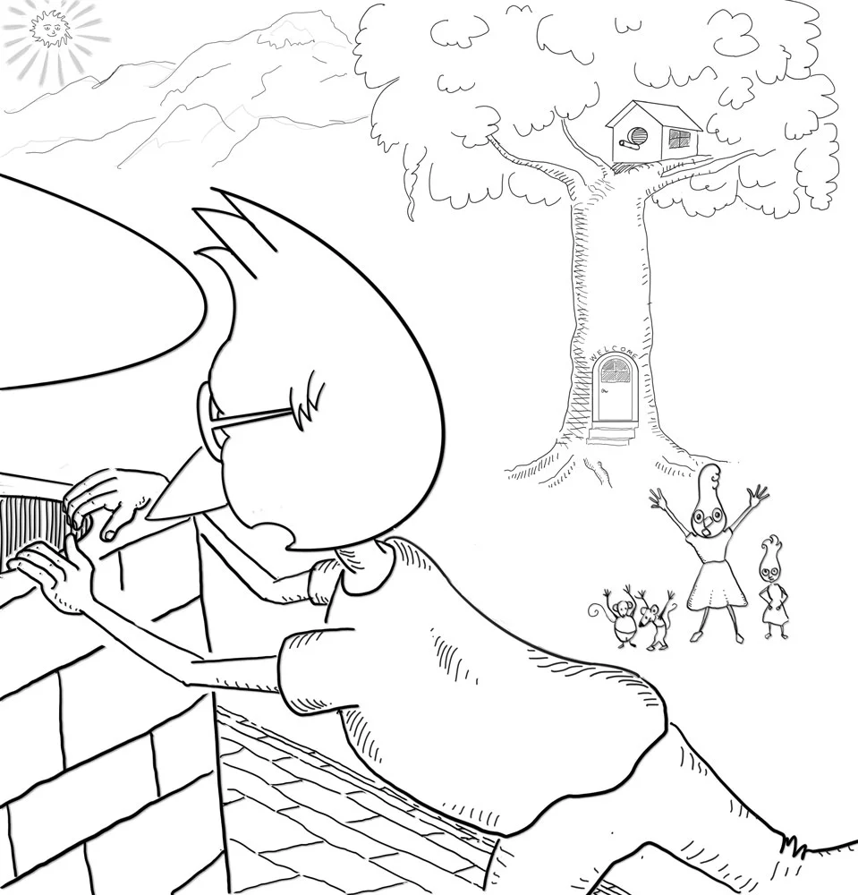 momma_jay_hollers_to_jimmy_on_roof.jpg, children's book, re-inking, adding background