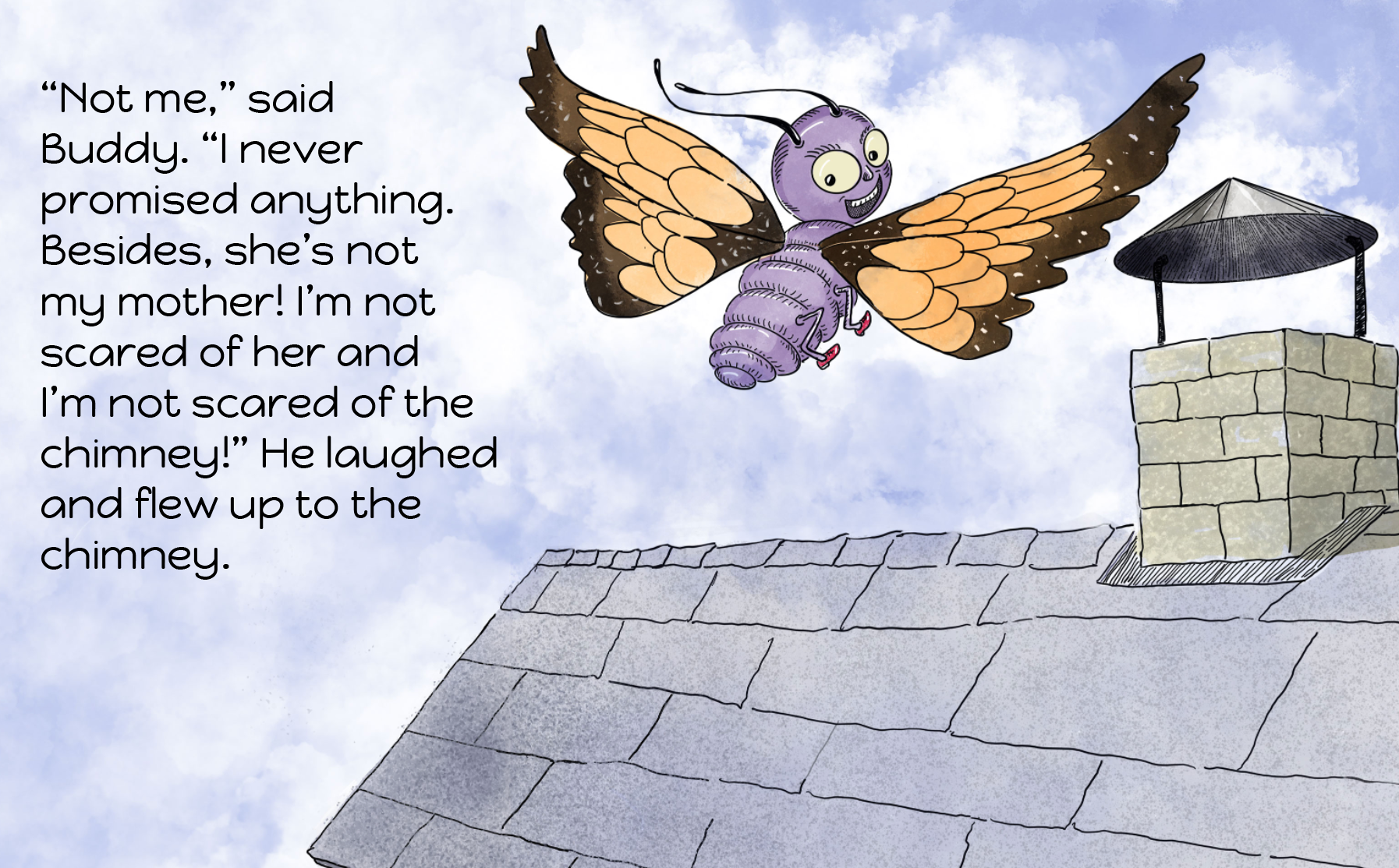 buddy_flies_to_roof_original_blog.png hd aspect ratio, 16:9, children's picture book, e-book format