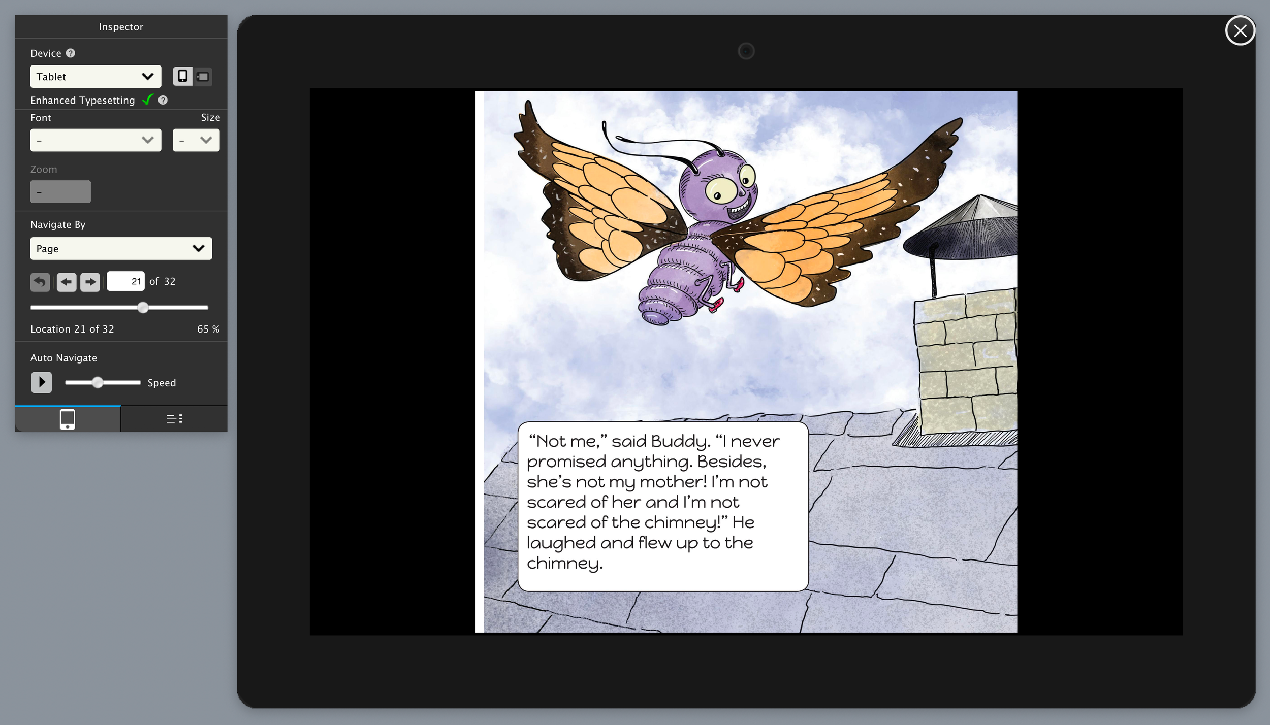 buddy_flies_to_roof_proof_blog.png print version of image, kindle create, indesign
