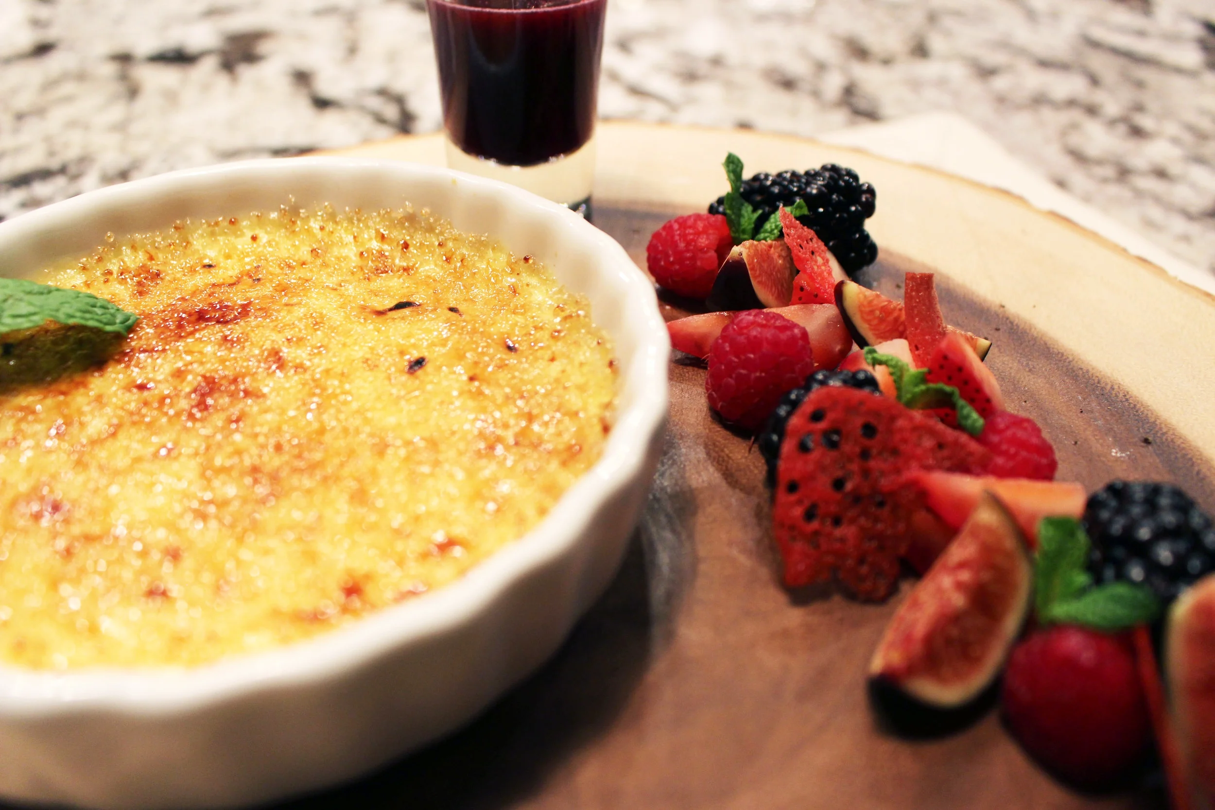 Vanilla Bourbon Crème Brulée, Fresh Berries, Croustillant Cookies, Red Fruits Sauce, Timut Pepper