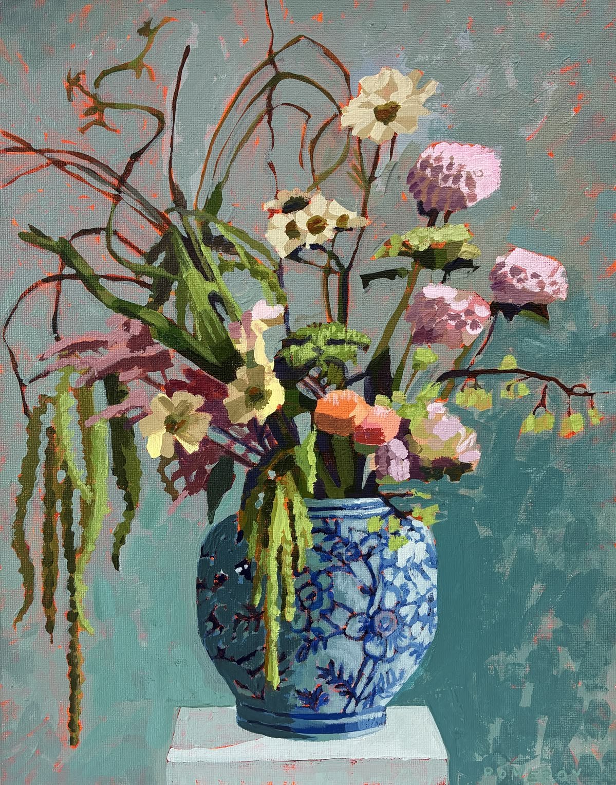 Teal Floral Study in Blue Vessel