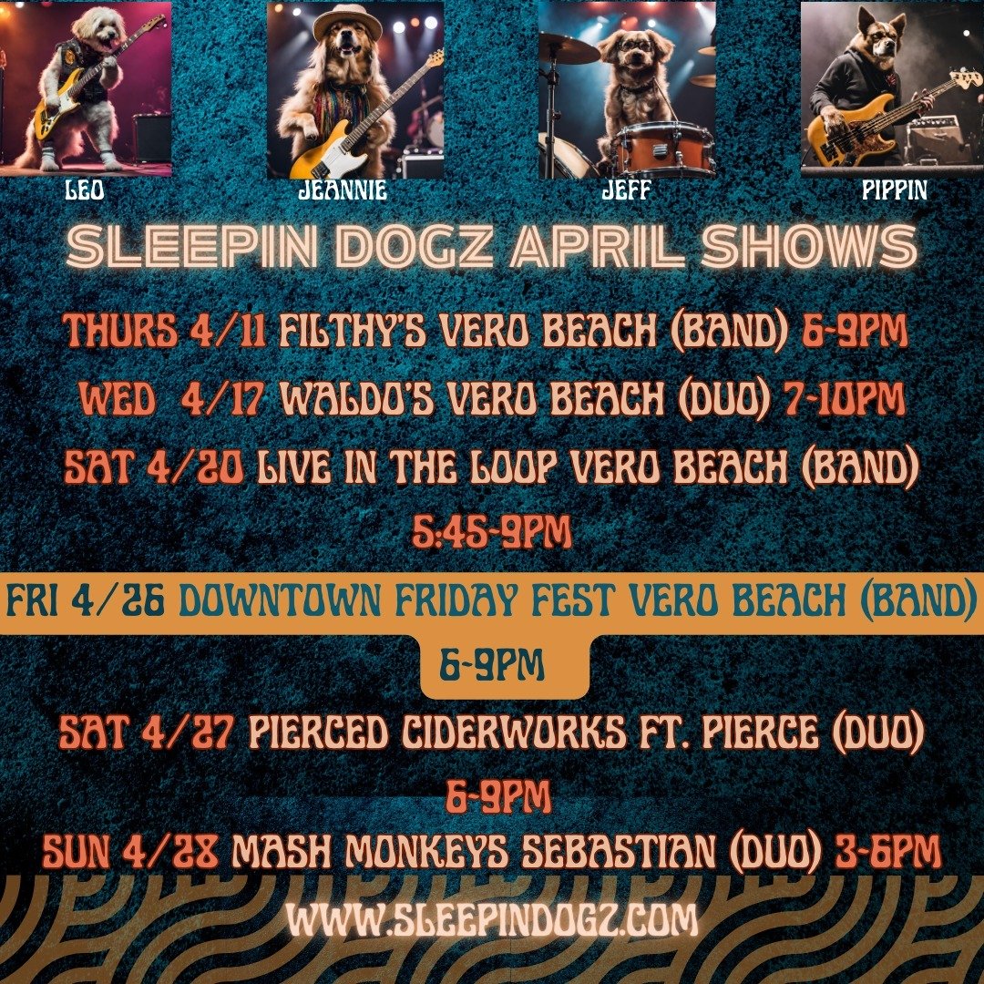 April Shows 🎶
🎸Thurs 4/11 Filthy's Vero Beach (Band) 6-9PM
🎤Wed 4/17 Waldo's Vero Beach (Duo) 7-10PM
🎭Sat 4/20 Riverside Theatre Live In The Loop Vero Beach (Band) 5:45-9PM
🔥Fri 4/26 Downtown Friday Vero Beach
(Band) 6-9PM
🥃Sat 4/27 Pierced Cid