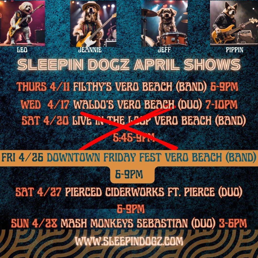 Well as everyone knows, sometimes life can throw you a curveball or two and plans have to change. We unfortunately have to cancel our April Live In The Loop show. We will be back in the Loop on May 18th! 
#sleepindogz #riversidetheatreverobeach #fami