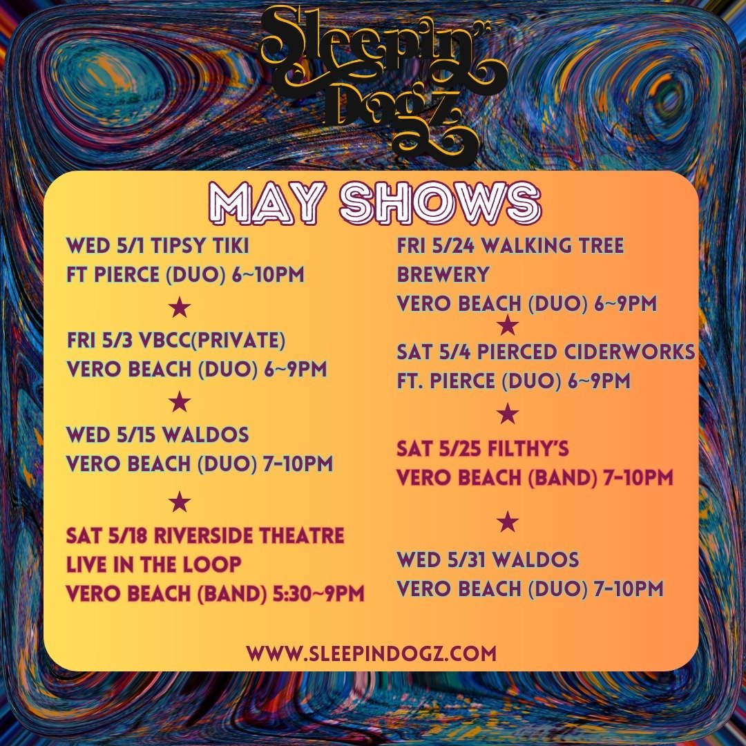 May Shows 🎸
🍹 5/1 Tipsy Tiki (Duo)
🍏 5/4 Pierced Ciderworks (Duo)
🍸 5/3 VBCC (Private Duo Show)
🍻 5/15 Waldo's (Duo)
🎭 5/18 Riverside Theatre
Live In The Loop(Band)
🍺 5/24 Walking Tree Brewery (Duo)
🥃 5/25 Filthy's (Band)
🍻 5/31 Waldo's (Duo